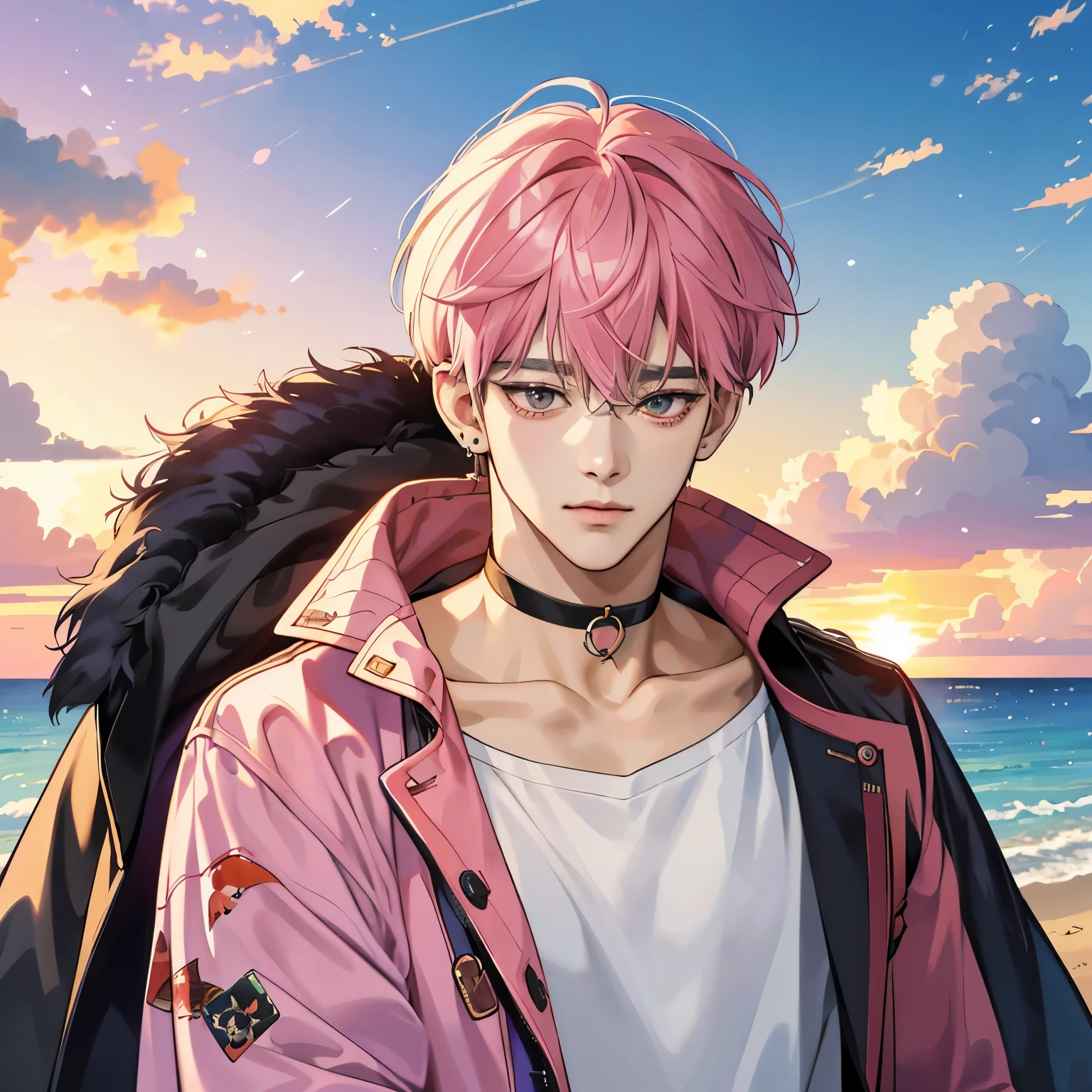 Guviz-style artwork, Made at Anime Painter Studio, anime realismスタイル, realistic anime art style, Drawn at Anime Painter Studio, Inspired by Kim Taehyung, In an anime style, anime handsome guy, Inspired by Kim Taehyung, anime realism、pink hair、A sloppy smile、choker、Multiple piercings、Man with short hair、Male one、Inspired by Kim Taehyung、Inspired by Kim Taehyung、gray eyes、coat、sandy beach、sunset、Yugure no Sunahama