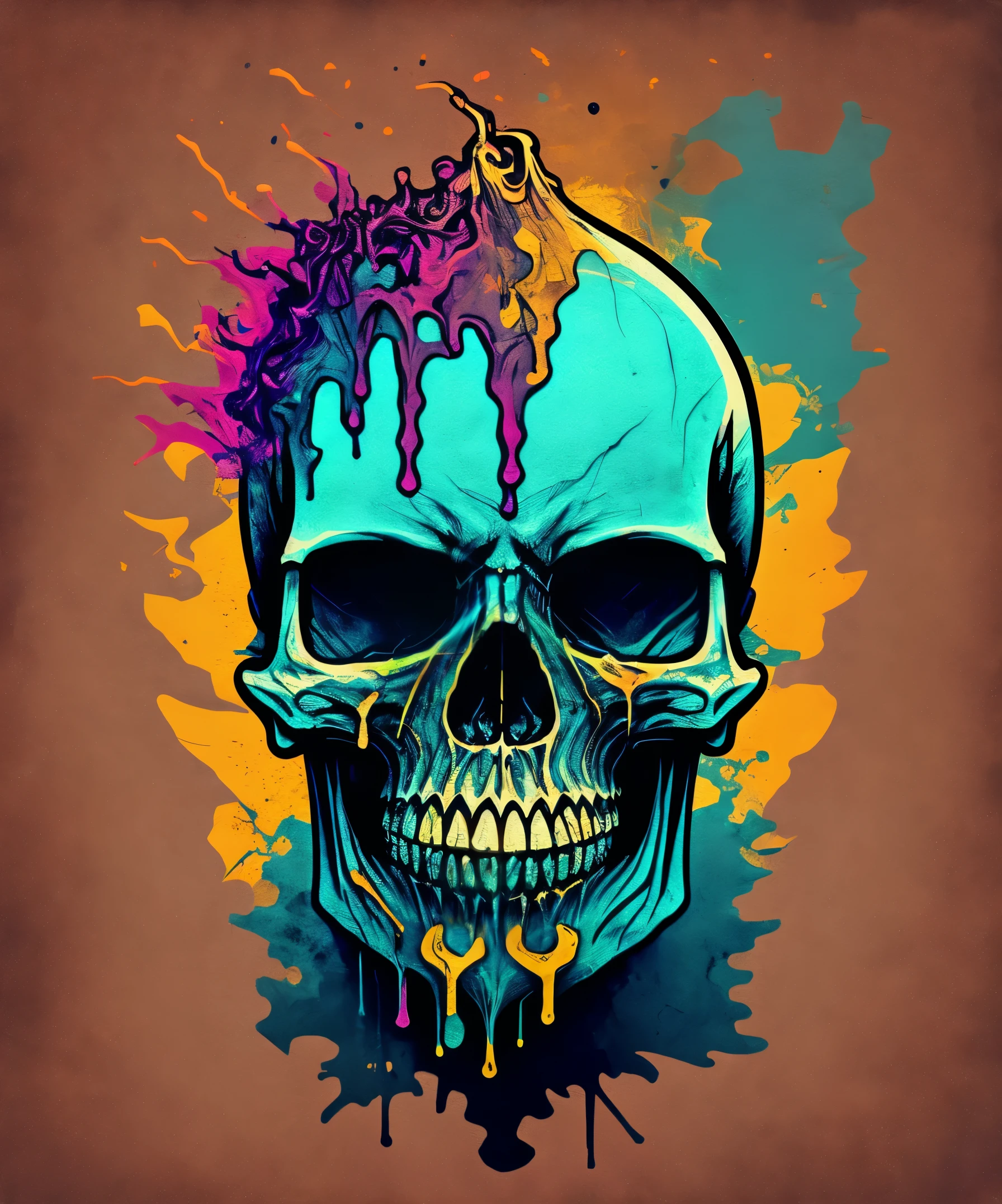 (Cyberpunk Skull portrait with colorful liquid l:1), t-shirt logo with smooth tapered line style, orthographic view, art on (black monochrome background)Extended hand,