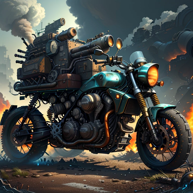 best quality,masterpiece:1.2,ultra-detailed,realistic,photorealistic:1.37,(HDR,UHD,studio lighting),(vivid colors,bokeh),motorcycle,cogpunk,dystopian,mechanical parts,modified,post-apocalyptic,gritty,industrial,fast-paced,action-packed,grunge,smoke,fire,desolate,wasteland, decay,dangerous,rugged terrain,menacing sky,explosions,thrilling,-fueled,high-speed chase,metallic armor,scrap metal,cyberpunk influences,blurred motion,precision engineering,streamlined design,aggressive stance,roaring engine,high-performance,sleek,edgy,chrome,leather,reflective surfaces,chrome detailing,battle scars,gritty textures,electric blue accents,neon lights,low-angle view,apocalyptic energy.