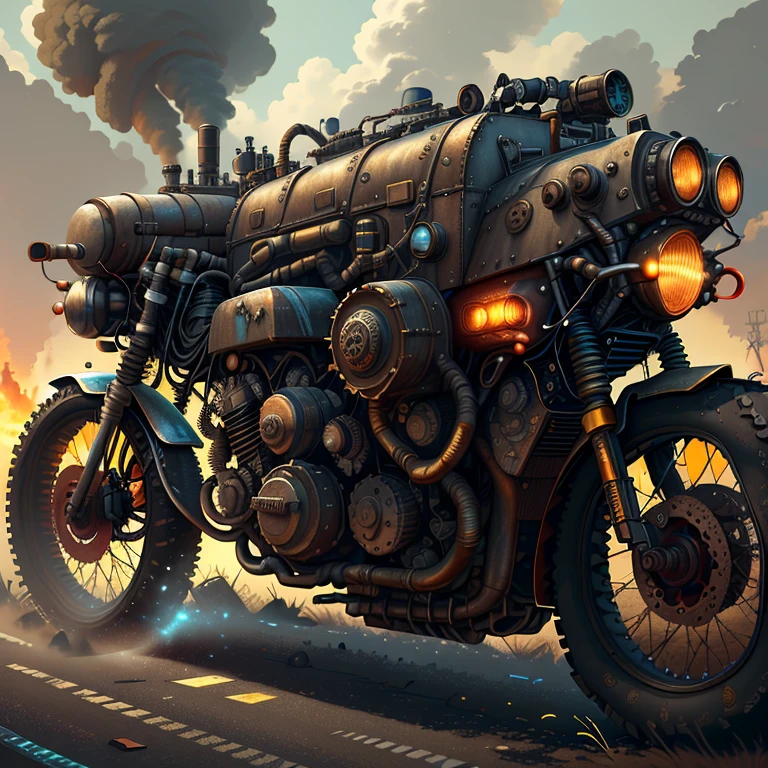 best quality,masterpiece:1.2,ultra-detailed,realistic,photorealistic:1.37,(HDR,UHD,studio lighting),(vivid colors,bokeh),motorcycle,cogpunk,dystopian,mechanical parts,modified,post-apocalyptic,gritty,industrial,fast-paced,action-packed,grunge,smoke,fire,desolate,wasteland, decay,dangerous,rugged terrain,menacing sky,explosions,thrilling,-fueled,high-speed chase,metallic armor,scrap metal,cyberpunk influences,blurred motion,precision engineering,streamlined design,aggressive stance,roaring engine,high-performance,sleek,edgy,chrome,leather,reflective surfaces,chrome detailing,battle scars,gritty textures,electric blue accents,neon lights,low-angle view,apocalyptic energy.