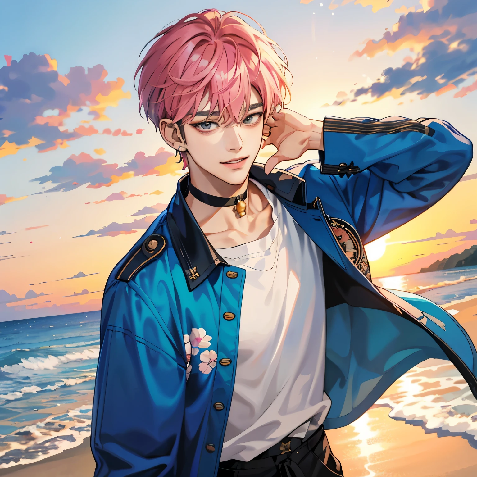Guviz-style artwork, Made at Anime Painter Studio, anime realismスタイル, realistic anime art style, Drawn at Anime Painter Studio, Inspired by Kim Taehyung, In an anime style, anime handsome guy, Inspired by Kim Taehyung, anime realism、pink hair、A sloppy smile、choker、Multiple piercings、Man with short hair、Male one、Inspired by Kim Taehyung、Inspired by Kim Taehyung、gray eyes、coat、sandy beach、sunset、夕暮れのsandy beach、Male one、Inspired by Kim Taehyung、closed eyes smile