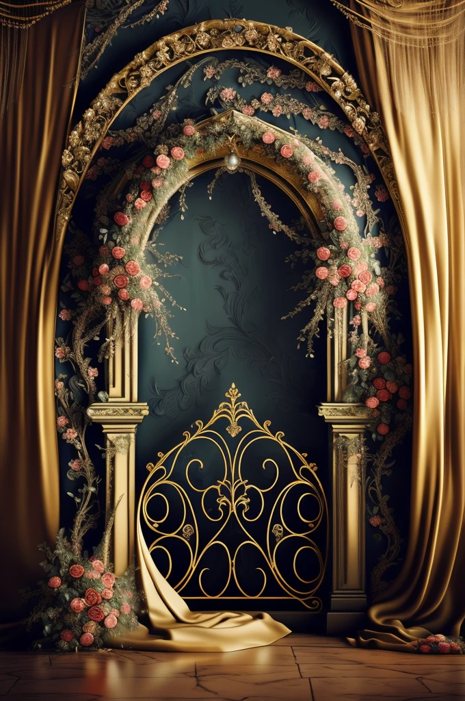 there is a arch with flowers and a veil on it, stunning arcanum backdrop, baroque style painting backdrop, ornate backdrop, ornate and intricate backdrop, beautiful render of a fairytale, fairy tale style background, dreamy and detailed, baroque digital painting, romantic storybook fantasy, royal garden background, elegant and ornate, portal made of roses, romanticism art style