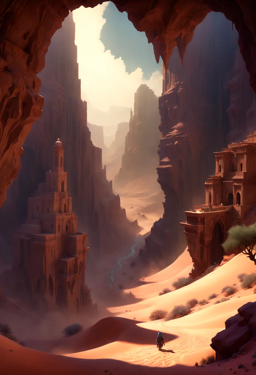 Desert Canyon, mysticism, octane render, intricate, (best quality, masterpiece, Representative work, official art, Professional, unity 8k wallpaper), (by Marc Simonetti:1.2)