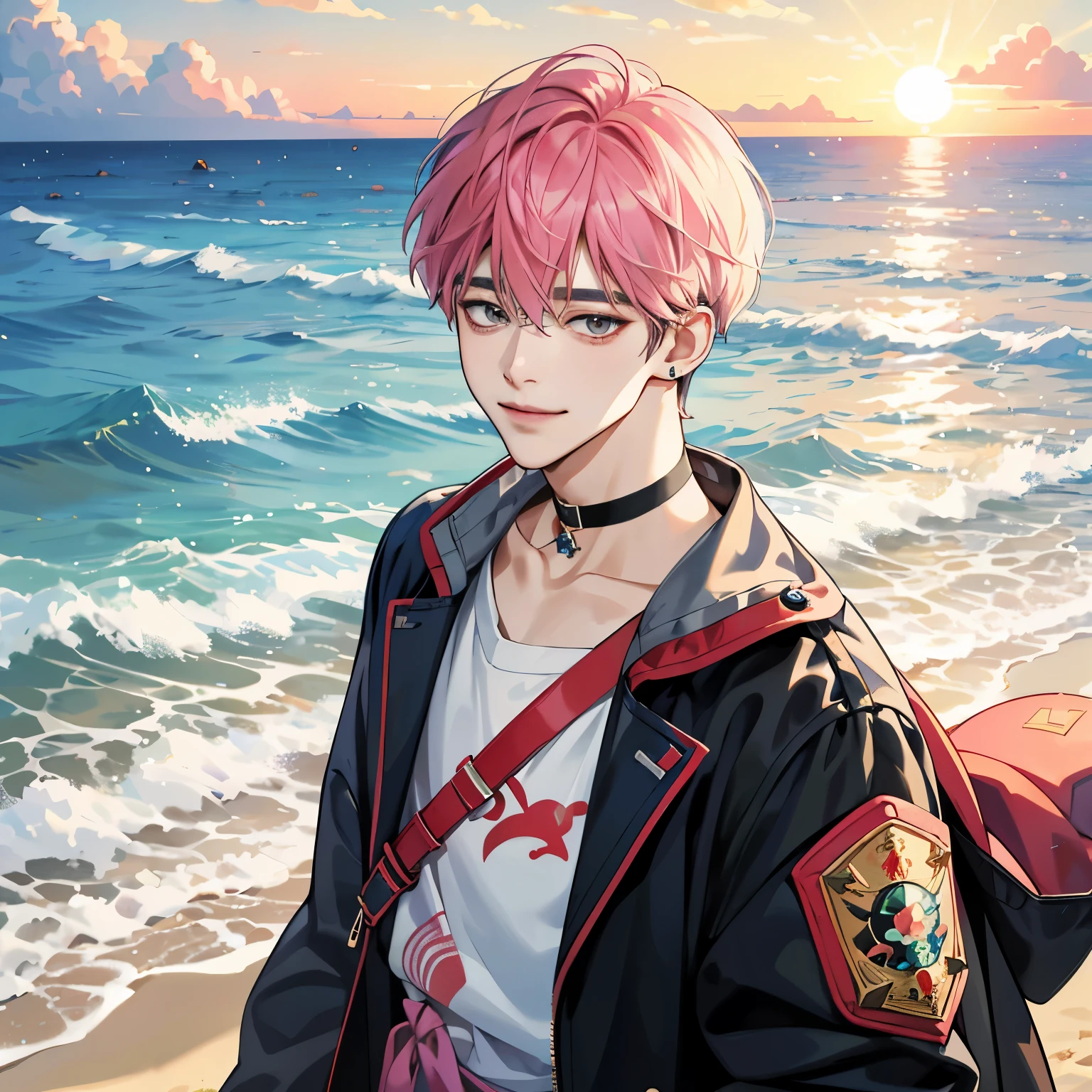 Guviz-style artwork, Made at Anime Painter Studio, anime realismスタイル, realistic anime art style, Drawn at Anime Painter Studio, Inspired by Kim Taehyung, In an anime style, anime handsome guy, Inspired by Kim Taehyung, anime realism、pink hair、A sloppy smile、choker、Multiple piercings、Man with short hair、Male one、Inspired by Kim Taehyung、Inspired by Kim Taehyung、gray eyes、coat、sandy beach、sunset、夕暮れのsandy beach、Male one、Inspired by Kim Taehyung、closed eyes smile