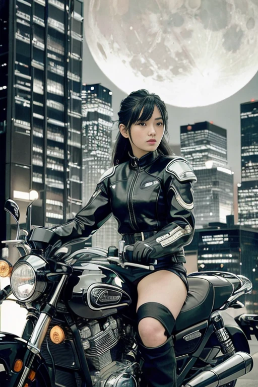 (best quality,masterpiece,photo,4k,realistic,ultra-detailed),1girl riding a motorcycle,sci-fi clothing,cyberpunk city,solitary,futuristic,giant moon in the background,black and white,by Akira Toriyama,close-up