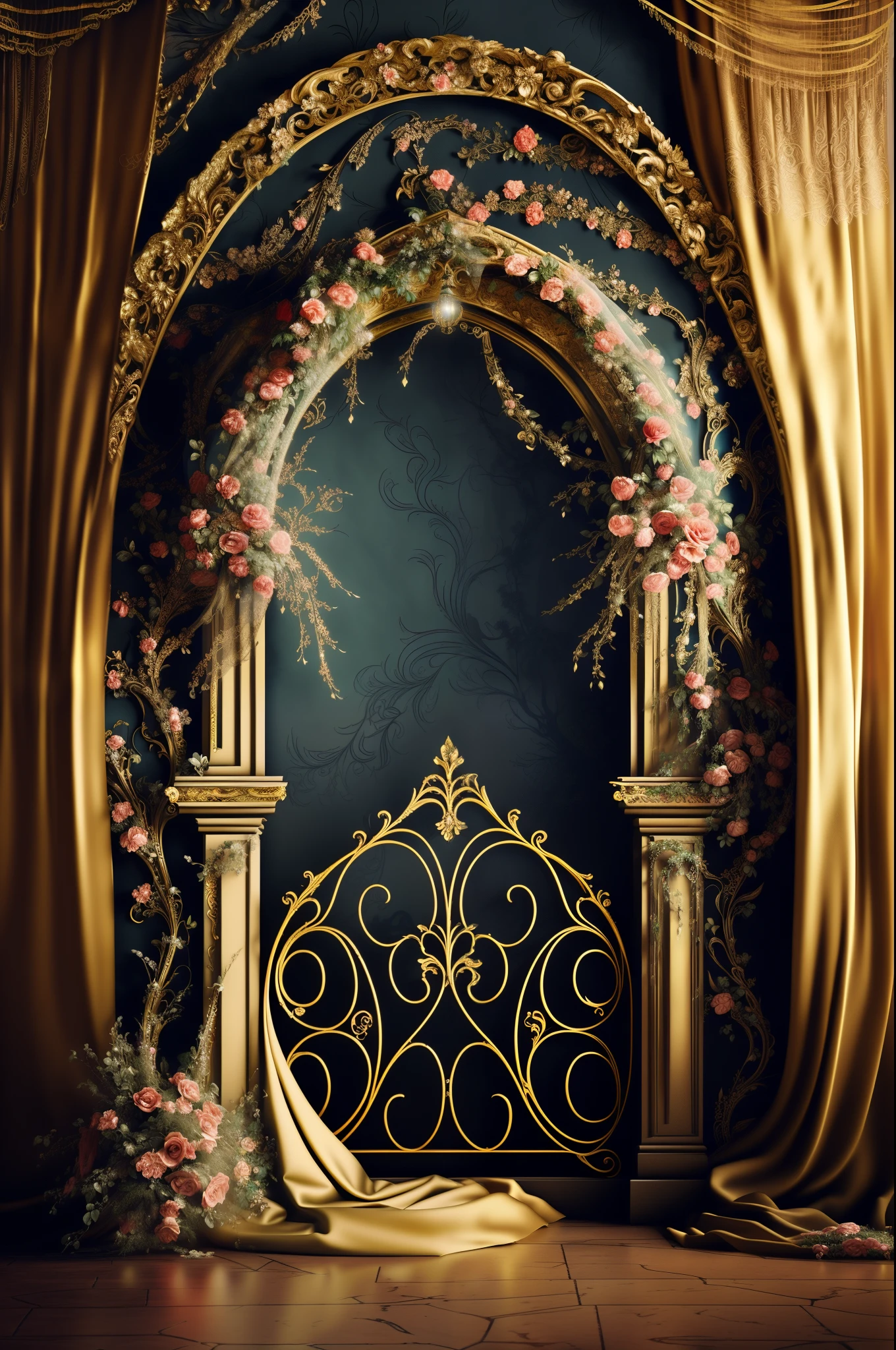 there is a arch with flowers and a veil on it, stunning arcanum backdrop, baroque style painting backdrop, ornate backdrop, ornate and intricate backdrop, beautiful render of a fairytale, fairy tale style background, dreamy and detailed, baroque digital painting, romantic storybook fantasy, royal garden background, elegant and ornate, portal made of roses, romanticism art style
