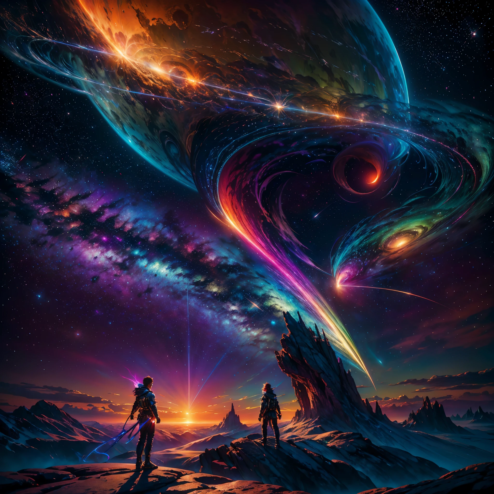 Vibrant Nebulae Octans by_Mappa ((Rain_Color Colorful_liquid_on_naked_body:1.3 Colorful_body Colorful_ink_on_hair:1.2 sunset Rainbow Abundant_colorful_liquids White_liquid fullbodye wet_Color_liquid)) In the vast expanse of the cosmos, a breathtaking image unfolds before your eyes. In the heart of a starry galaxy, vibrant nebula dance and swirl, their ethereal colors blending and intertwining. The scene is a symphony of cosmic beauty, with tendrils of interstellar dust and gas reaching out into the void. The stars shine with an otherworldly brilliance, illuminating the cosmic tapestry that stretches across the vastness of space. It is a visual feast for the senses, an awe-inspiring glimpse into the wonders of the universe. BREAK,Detailed,Realistic, highly detailed digital art,octane render, bioluminescent, BREAK,by Mappa studios,masterpiece,best quality,official art,illustration,ligne claire,(cool_color),perfect composition,absurdres, fantasy,focused,rule of thirds masterpiece meticulously intricate ultra_high-details extreme improved ultra_high-quality ultra_high-res ultra_photo-realistic optimal ultra_sharpness perfection accurate volumetric SunLight Lightning_contrast global_illumination cgi vfx sfx reflex Octane_rendered ultra_high-def UHD XT3 DSLR HDR romm rgb pbr 3dcg fxaa blu-ray vivid colors-coded anti-aliasing fkaa txaa rtx ssao opengl-shaders glsl-shaders post-processing post-production cell-shading tone-mapping ❤luminescence Heart glow hearth Crystalline earth varies multi etc. --s 1000 --c 20 --q 20 --chaos 100