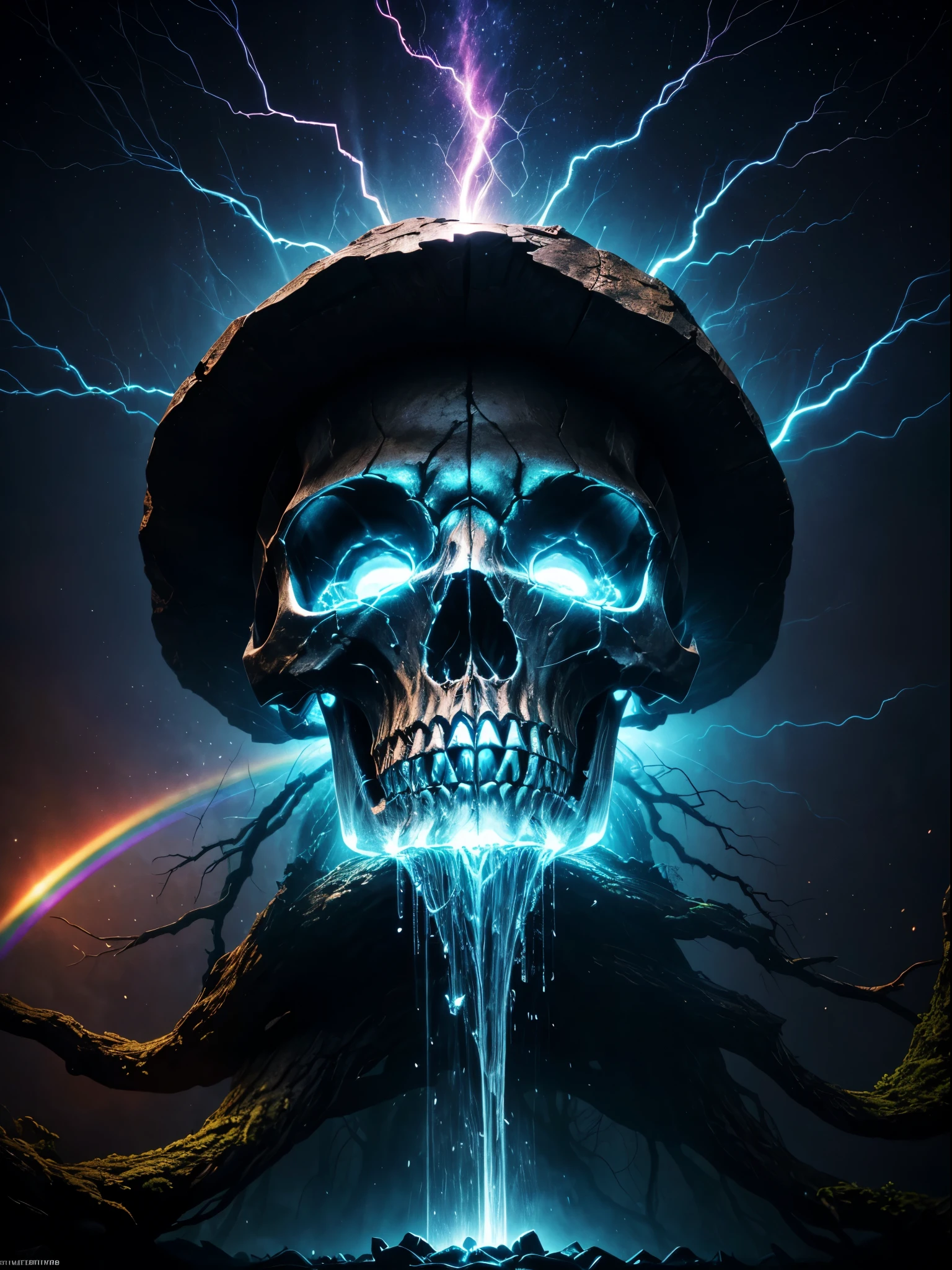 (Best picture quality, 4K, 8K, High resolution, Masterpiece: 1.2), ultra detailed, realistic: 1.37, a close up of the head of the metal skull, an altar composed of abstract twisted roots drags a very large (mysterious skull made of metal), above the skull is a bizarre waterfall, light composition, (rainbow, rainbow around the skull), full of energy, circular composition illustrates the effects of various structural forces, alone, decorative elements, dreamlike decorative combinations,