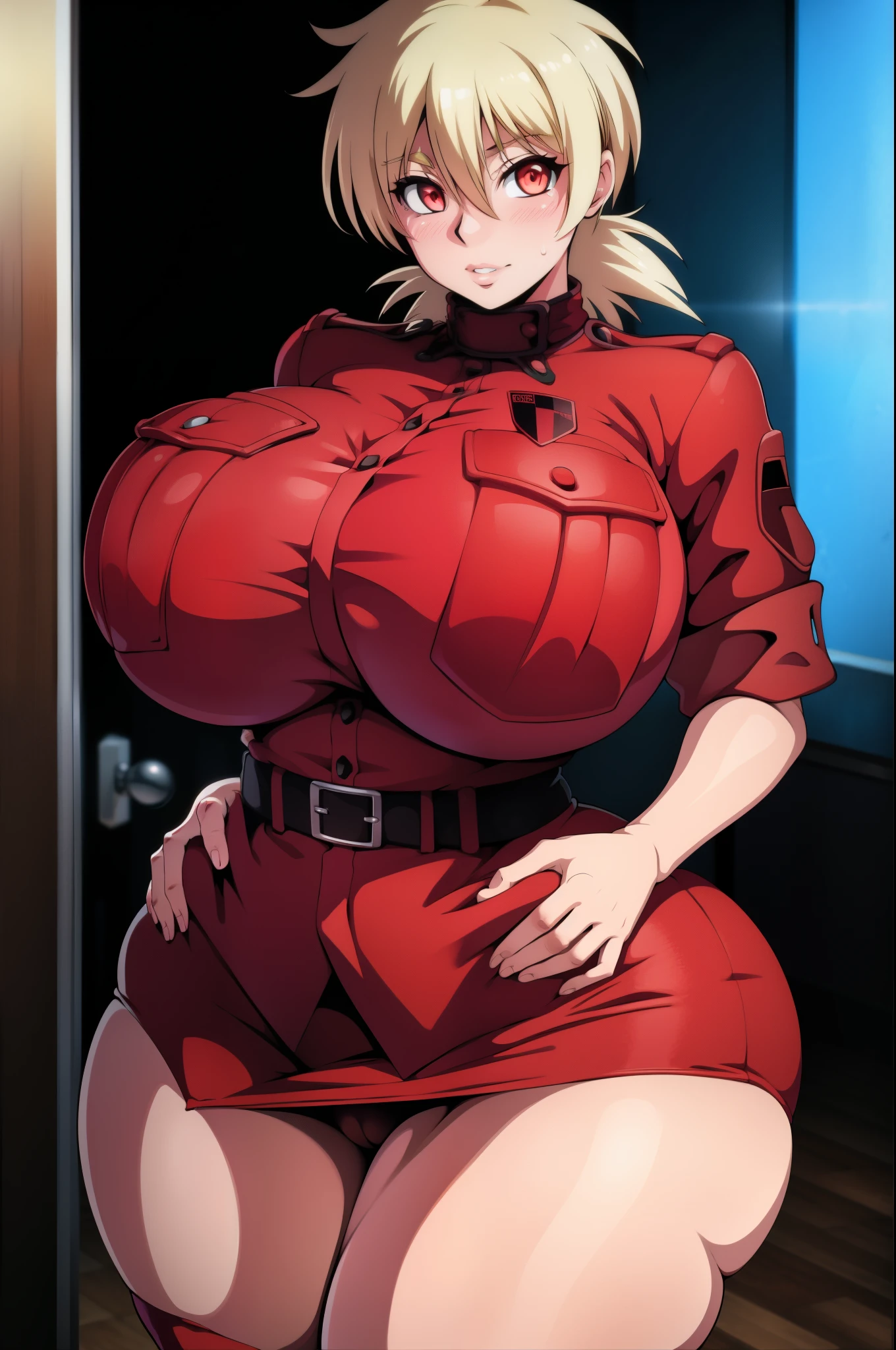 High resolution, Hellsing Ultimate art style, Seras Victoria, 1girl, ((bimbo))), short blond hair, red eyes, puffy lips, thick lips, wide hips, thick thighs, enormous fake breast, huge ass, round fake breasts, romantic cute face, girlfriend, blushing, tight police uniform, red skirt, breasts squeezed together, breasts about burst out of top, close up, 