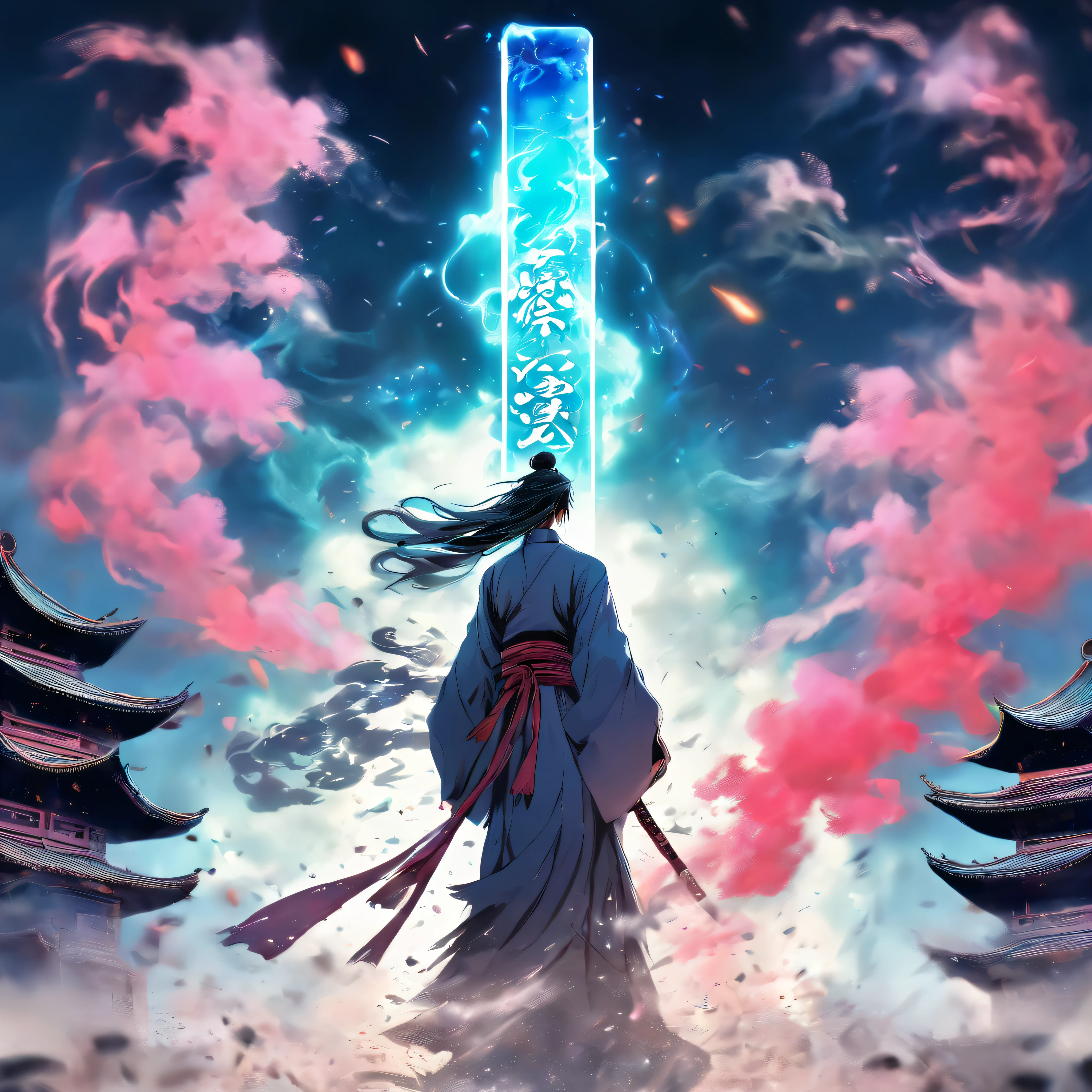 Chinese style,The middle view is,The Taoist priest stood in front of a huge transparent Chinese sword,stretch out your hands,messy long hair,glowing effect,surreal,Super real photos,Chinese black and white ink style,silver,decolorization,soil,ink,8k,Super fine,high quality,OC renderer