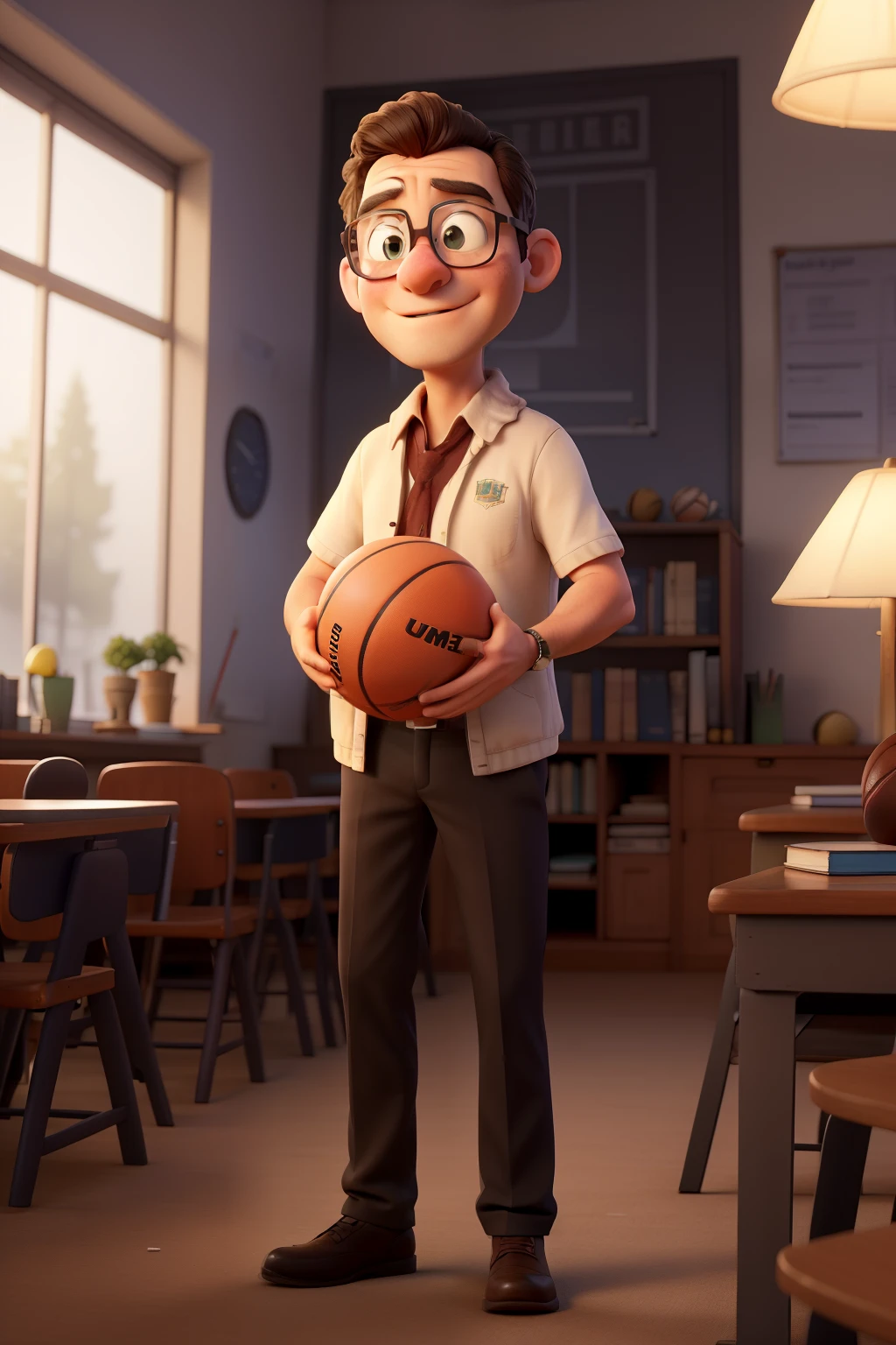 A History teacher, ele tem uma bola de basquete na outra, uma biblioteca ao fundo, the teacher is standing in front and is being illuminated by light from a lamp