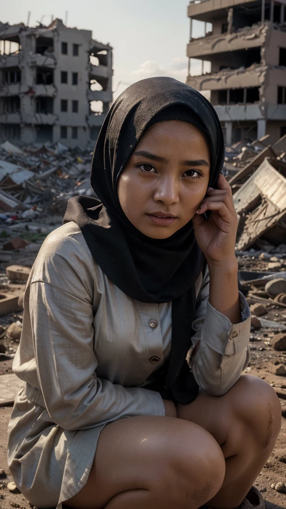 the background, dramatic lighting, intense colors.
完整的prompt如下:
"Muslim child girl, traditional hijab, fully covered,crying up to the sky covered in dirt sitting on the ground,far from camera,facing away from the viewer,surrounded by rubble burning buildings,dramatic lighting, intense colors,(best quality,4k,8k,highres,masterpiece:1.2),ultra-detailed,(realistic,photorealistic,photo-realistic:1.37),portraits"
