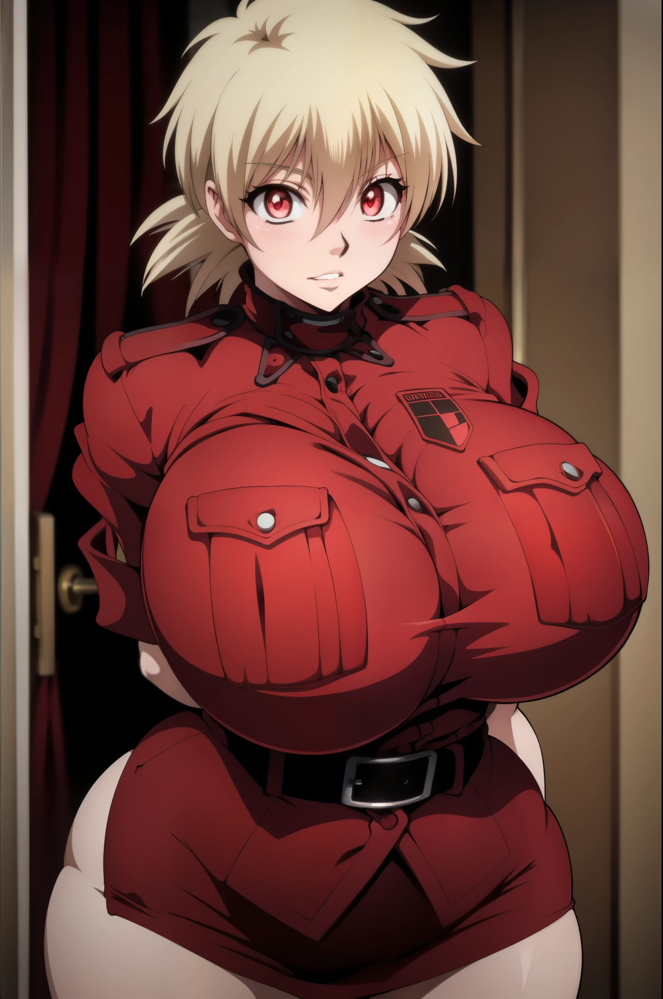 High resolution, Hellsing Ultimate art style, Seras Victoria, 1girl, ((bimbo))), short blond hair, red eyes, puffy lips, thick lips, wide hips, thick thighs, enormous fake breast, huge ass, round fake breasts, romantic cute face, girlfriend, blushing, tight police uniform, red skirt, breasts squeezed together, breasts about burst out of top, close up, 