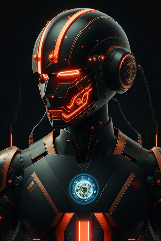 Close-up of mshn robot , football, cyborg , Wearing cyber helmet glowing circle , War Armor, Minsen factory, tube connected to neck, Neon lights realistic, masterpiece, best quality, 35mm film, film particles, cyberpunk,Ebony Gold AI