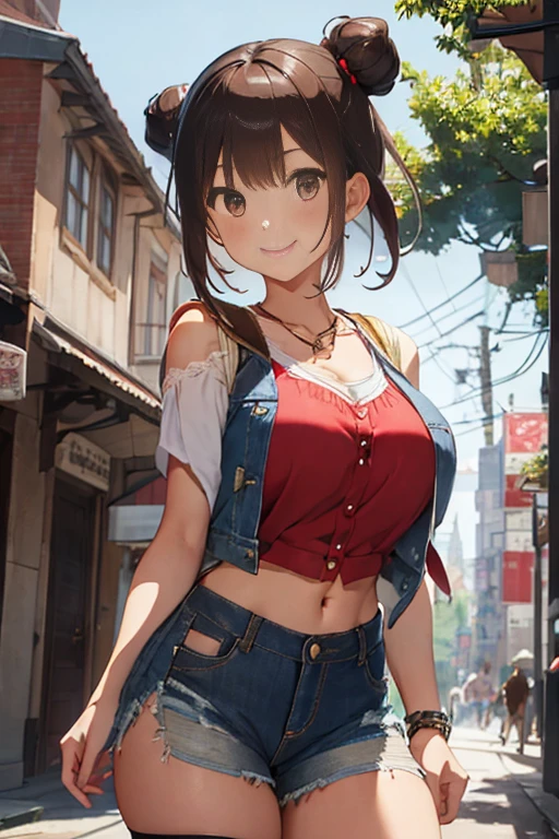 masterpiece、The best、1 female、denim vest、Denim shorts、Red shirt， Bun bun、black hair、Shoulder leakage、big breasts、chubby、Smile、White suspender tights、lace leggingackpack，On campus，pose