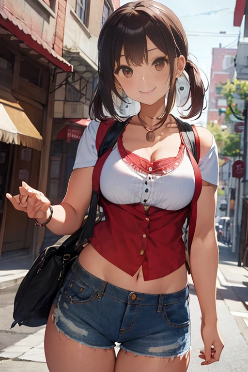 masterpiece、The best、1 female、denim vest、Denim shorts、Red shirt， Bun bun、black hair、Shoulder leakage、big breasts、chubby、Smile、White suspender tights、lace leggingackpack，On campus，pose