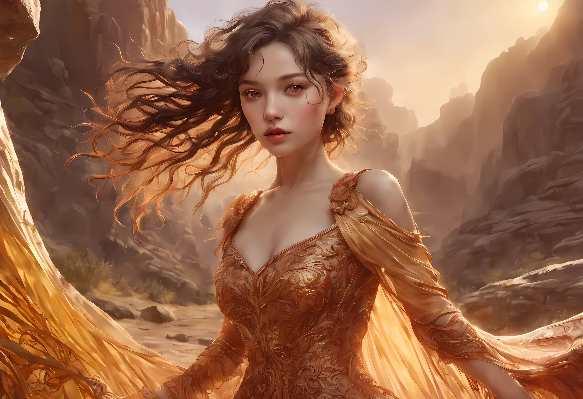 high details, Fantasy Poster, best quality, 8k, [ultra detailed], masterpiece, best quality, Photorealistic , dynamic angle, ultra wide shot, photorealistic, fantasy art, dnd art, rpg art, realistic art, an ultra wide picture of druid grove in a fantasy desert canyon and its druid warden observing all, a fantasy desert canyon (intricate details, Masterpiece, best quality: 1.5), (at sunset: 1.5), a stream of water (intricate details, Masterpiece, best quality: 1.5), waterfall (intricate details, Masterpiece, best quality: 1.3), human female druid, full body (intricate details, Masterpiece, best detailed: 1.5), exquisite beautiful woman druid (intricate details, Masterpiece, best detailed: 1.5), ultra detailed face (intricate details, Masterpiece, best detailed: 1.6), black hair, long hair, wavy hair (intricate details, Masterpiece, best quality: 1.5), dynamic eyes color, fair skin, wearing red cloak (intricate details, Masterpiece, best quality: 1.5), yellow robe (intricate details, Masterpiece, best quality: 1.5), cinematic light, pastoral atmosphere, divine light, gods rays, hyperrealistic, Photorealistic, 16k, RAW, award winning, [ultra detailed], masterpiece, best quality, (ultra detailed), full body, ultra wide shot, photorealistic,