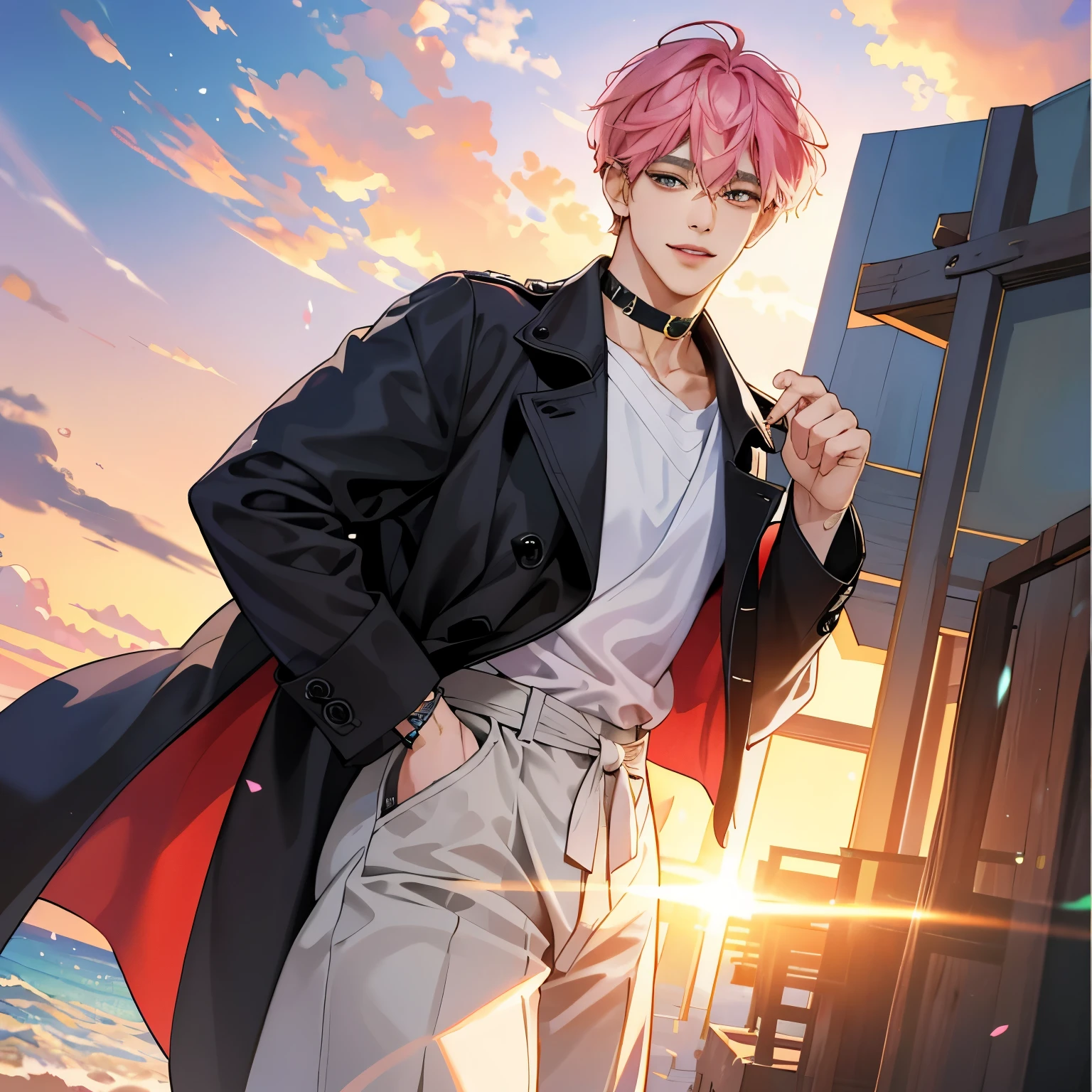 Guviz-style artwork, Made at Anime Painter Studio, anime realismスタイル, realistic anime art style, Drawn at Anime Painter Studio, Inspired by Kim Taehyung, In an anime style, anime handsome guy, Inspired by Kim Taehyung, anime realism、pink hair、A sloppy smile、choker、Multiple piercings、Man with short hair、Male one、Inspired by Kim Taehyung、Inspired by Kim Taehyung、gray eyes、trench coat、sandy beach、sunset、夕暮れのsandy beach、Male one、Inspired by Kim Taehyung、A big smile