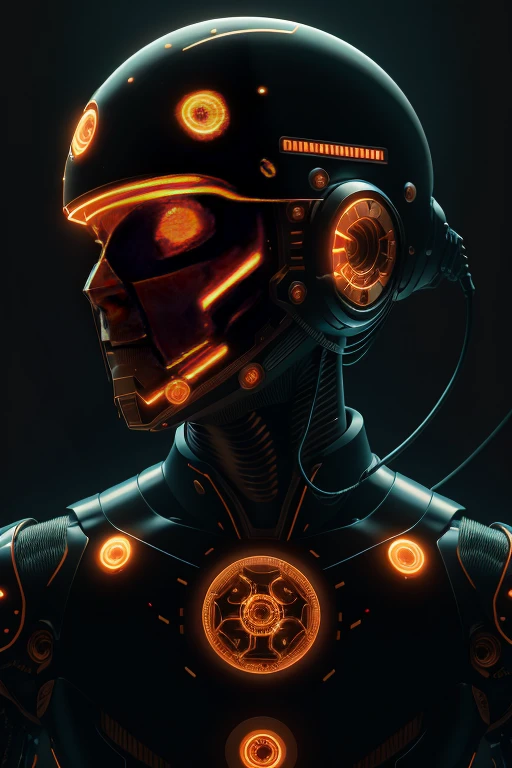 mshn robot close-up, soccer, cyborg, glowing circle with a network helmet, exoskeleton, Morrison factory, tubes connected to the neck, neon lights realistic, masterpiece, best quality, 35mm film, film grain, cyberpunk, ebony-gold AI.