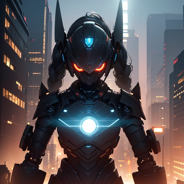 (Extremely detailed CG unified 8k wallpaper,masterpiece, best quality, Super detailed),(best lighting, best shadow, extremely delicate and beautiful),dystopian cityscape,neon lights,Reflective black and blue armor,robot warrior,guard.