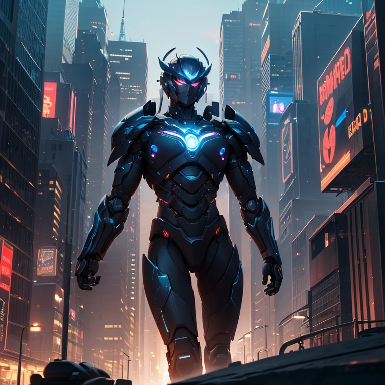 (Extremely detailed CG unified 8k wallpaper,masterpiece, best quality, Super detailed),(best lighting, best shadow, extremely delicate and beautiful),dystopian cityscape,neon lights,Reflective black and blue armor,robot warrior,guard.