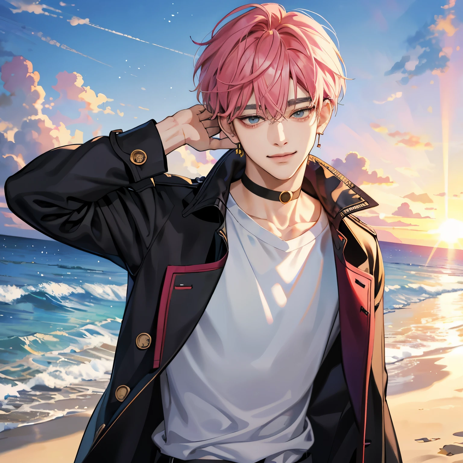 Guviz-style artwork, Made at Anime Painter Studio, anime realismスタイル, realistic anime art style, Drawn at Anime Painter Studio, Inspired by Kim Taehyung, In an anime style, anime handsome guy, Inspired by Kim Taehyung, anime realism、pink hair、A sloppy smile、choker、Multiple piercings、Man with short hair、Male one、Inspired by Kim Taehyung、Inspired by Kim Taehyung、gray eyes、trench coat、sandy beach、sunset、夕暮れのsandy beach、Male one、Inspired by Kim Taehyung、A big smile