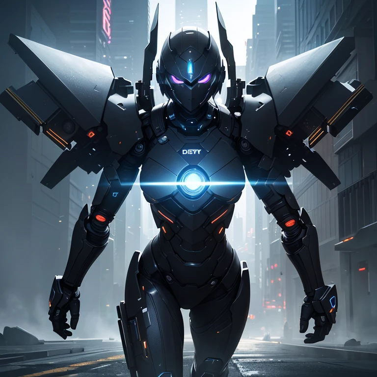 (ultra-detailed CG wallpaper, masterpiece:1.2, best quality, 8k resolution, hyper-detailed), (optimal lighting, best shadows, extremely exquisite and beautiful), dystopian cityscape, neon lights, reflective black and blue armor, robotic warriors, guards.