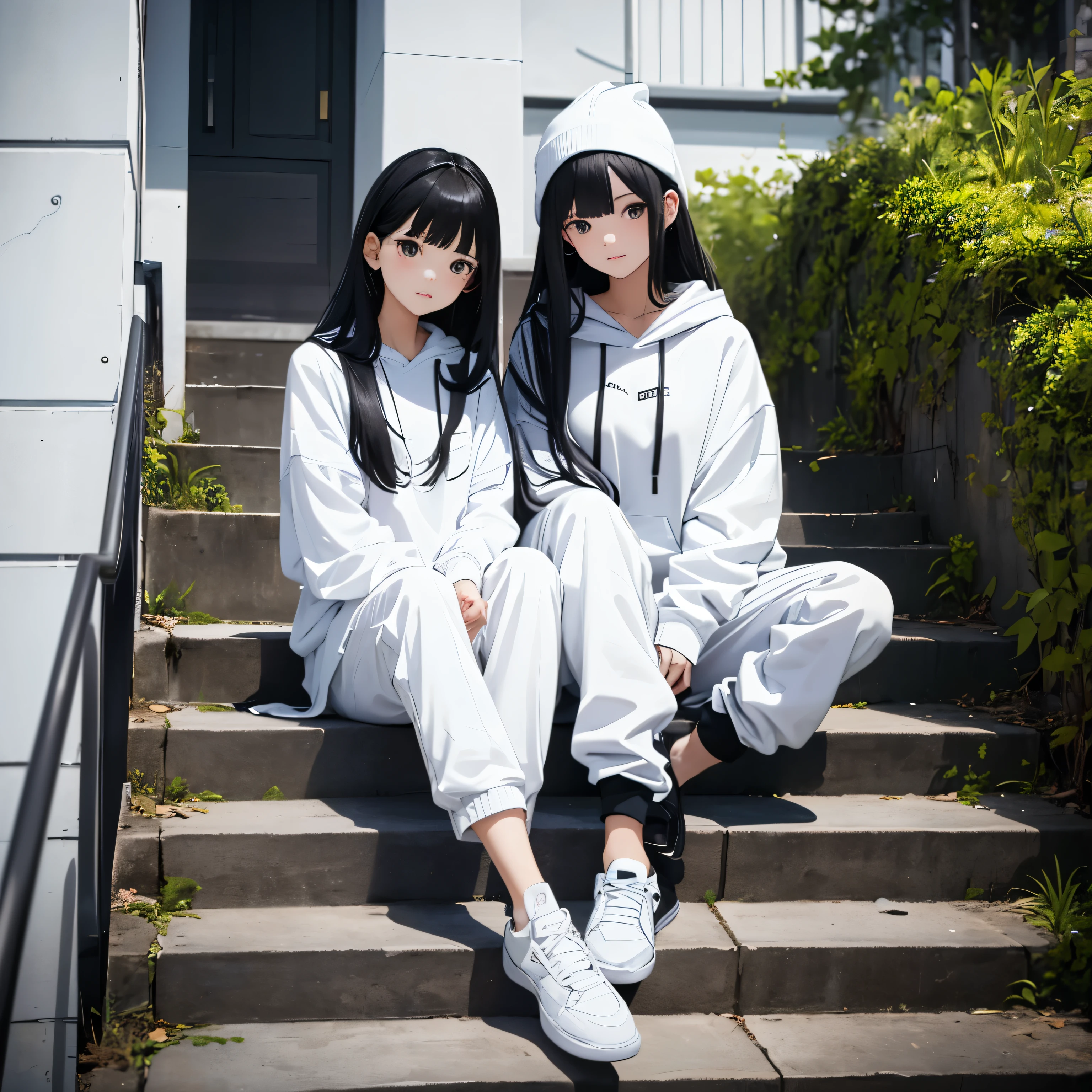 Two beautiful and cute girls, long black hair, white and black hoodie, trousers, sneakers, decent, tall, sit, stairs