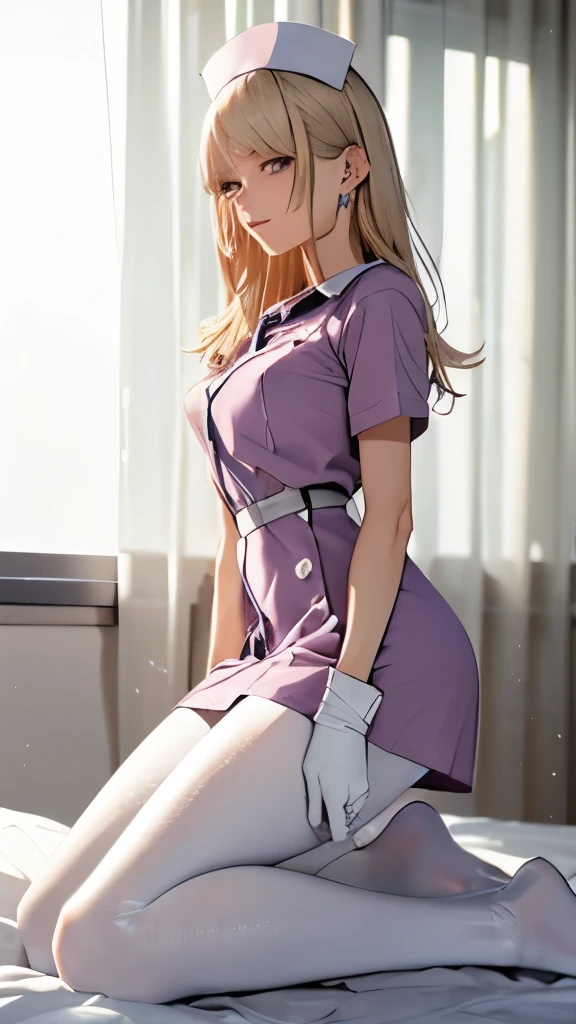 1 girl, (alone:1.2), (Beautiful and detailed eye description), (beautiful and detailed face), perfect female body, handsome figure, thin waist, (young girl), (20-year-old), long hair, platinum blonde hair, very big eyes, blue eyes, medium chest, blush, shy, watery lips, nurse, (nurse dress), nurse Cap, unbuttoned, (white gloves:1.2), (white pantyhose), high heels, necklace, earrings, indoors, school nurse, Hospital bed, window, White curtains, sunlight, squat, (highest quality), (super detailed), (muste piece), (High resolution), (original), (Highly detailed CG Unity 8K wallpaper), Character Design, game CG, Detailed Manga Illustration