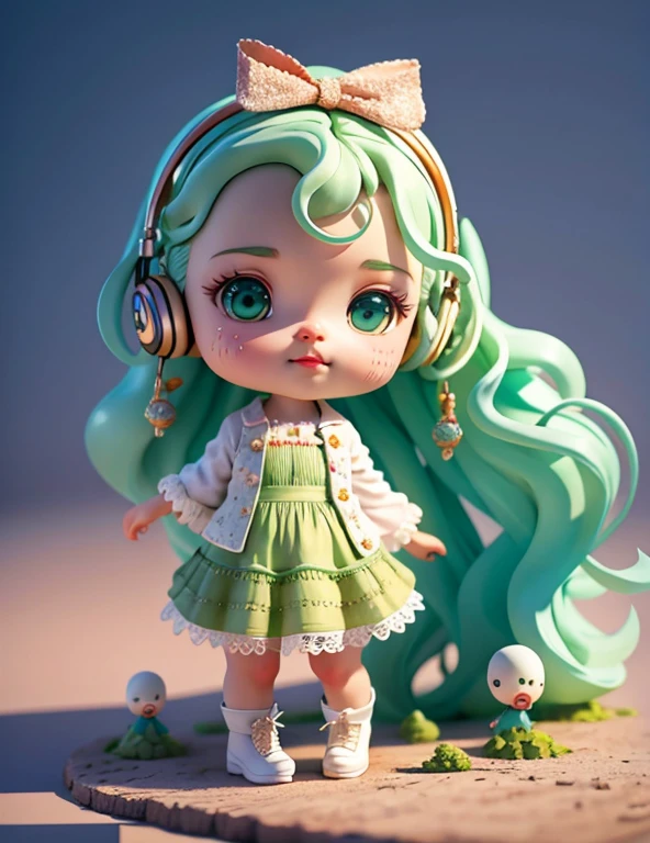 (best quality,4k,8k,highres,masterpiece:1.2),ultra-detailed,(realistic,photorealistic,photo-realistic:1.37),cute  girl, big watery eyes, full body, exquisite shoes, delicate hair, long curly hair, song suit, puffy dress, beautiful vest, lace blouse, puffed sleeves, glitter, bow, plaid, green hair, headphones, long hair, popmart blind box, clay texture, clean background, natural light, 3D art, c4d, blender, octane renderer, 3d rendering, 8k