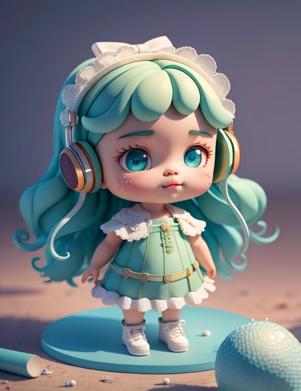 (best quality,4k,8k,highres,masterpiece:1.2),ultra-detailed,(realistic,photorealistic,photo-realistic:1.37),cute girl, big watery eyes, full body, exquisite shoes, delicate hair, long curly hair, song suit, puffy dress, beautiful vest, lace blouse, puffed sleeves, glitter, bow, plaid, green hair, headphones, long hair, popmart blind box, clay texture, clean background, natural light, 3D art, c4d, blender, octane renderer, 3d rendering, 8k