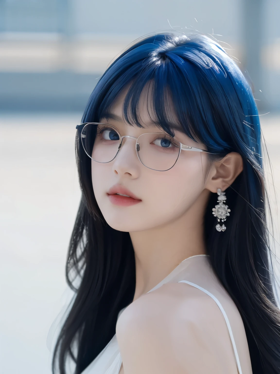 8k wallpaper, masterpiece, movie lighting, best quality, illustration, dramatic angle, ((color: 1.1)), ((color inner hair: 1.4)), 1 girl, alone, long hair, water, blue eyes, Black glasses, collar, open, white collar, liquid hair, black hair, Bangs, from side, side, upper body,  background, gray background, shoulder, portrait, looking at the audience, white dress, hair between eyes, White background, earrings,