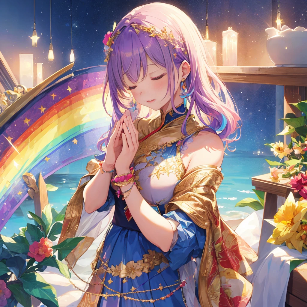 (girl:1.3), 1girl, (praying pose), (hands folded), side view, warm atmosphere, extra fine BREAK, formal wear, rainbow effect, closed eyes, (rainbow hair), (rainbow uniform), moon, fine jewelry, BREAK.((best, highest quality)) (((( masterpiece))), (((( Top Quality))), (((Super DETAIL)), (Very Delicate and Beautiful)), (((Super DETAIL)), (Very Delicate and Beautiful)), (((Very Delicate and Beautiful)))