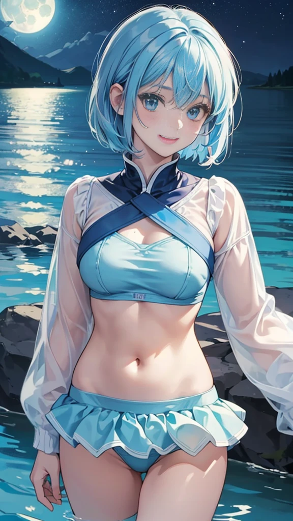top-quality、Top image quality、masterpiece、girl with((18year old、Best Bust、Bust 85,Beautiful blue eyes、Breasts wide open, Light blue hair and short hair、A slender、Large valleys、Light blue and black T-shirt with an open chest,Short skirt in dark blue、Reflecting the whole body、Black wristband on wrist、Star-shaped hair ornament、Red face、Slippery texture、Aura of water、Release water from the hands、Taut chest))hiquality、Beautiful Art、Background with((Clear blue sky、Tornado in spring water、Water Waterfall、Water tornado、Intense water flow、water dragon)))masutepiece、visualart、depth of fields、
