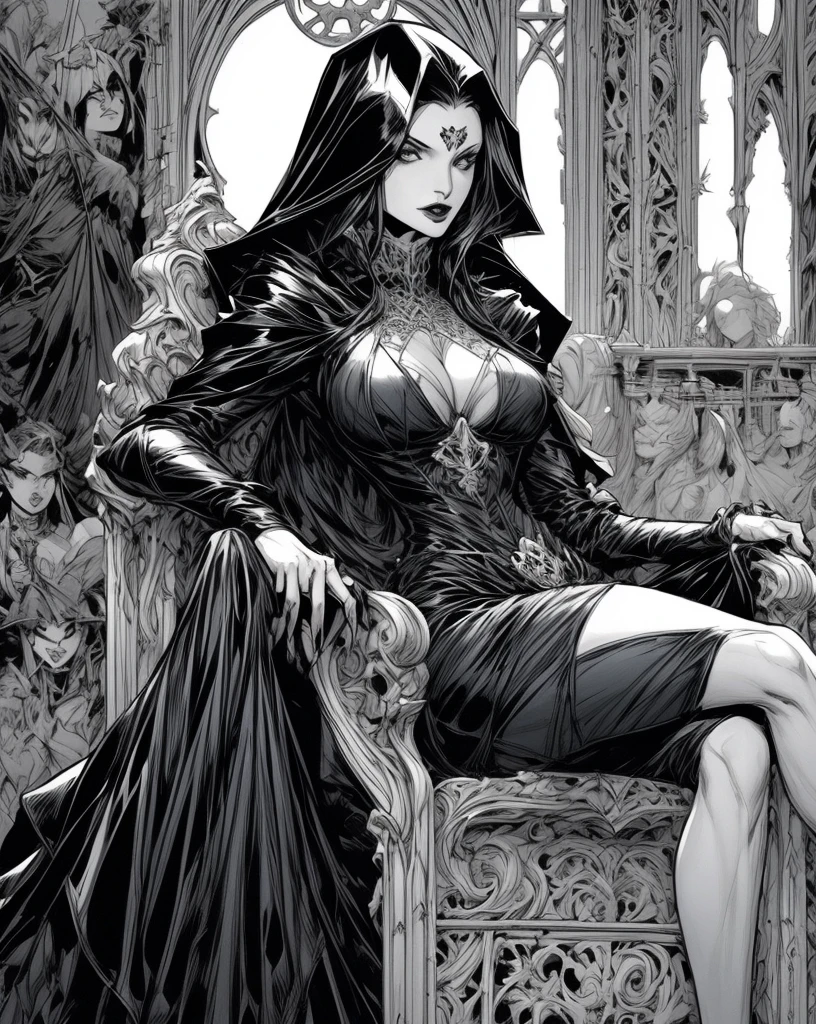 arafed woman in a black and white costume sitting on a chair, lady dimitrescu, chris bachalo comic art, fashionable dark witch, otto schmidt, adam hughes, supervillain sorceress witch, frank franzetta, jeffrey catherine jones pose, dark fantasy female magician, jean-sebastien rossbach, castlevania witch, chris bachalo
