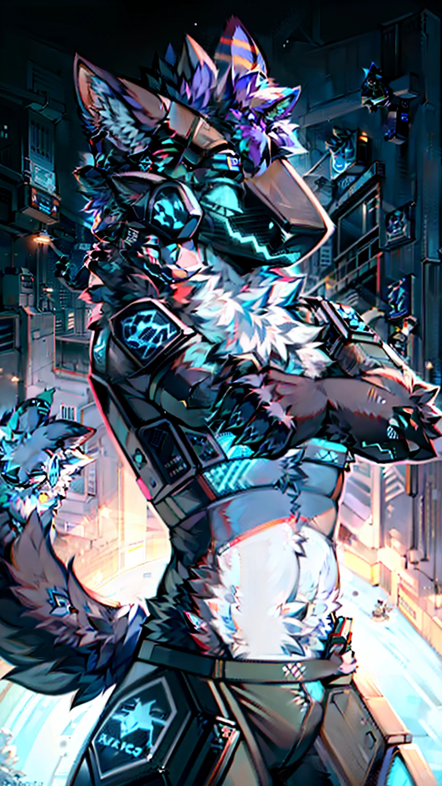 furry, protogen, police, furry police, furry sheriff, future, 미래 총, gun holding pose, 어두운 배경