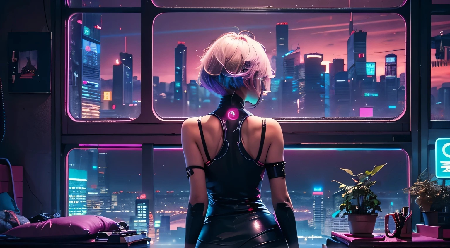 "Ultra-high resolution, UHD, ultra-detailed, hyper-realistic skin texture, high-quality rendering, photorealistic portrait. A futuristic anime-style woman named Lucynova with a choppy, asymmetrical bob of pure white hair featuring short pink and blue highlights. She is standing before a large oval-shaped glass window in a sleek apartment.  overlooking a vibrant cyberpunk cityscape with neon lights, glowing signs, She gazes outside, her arms folded, Neon reflections illuminate the sharp contours of her (((naked body:2.5))), her Assad bare back is visible, Shot with a wide-angle lens, capturing her back profile, lit dramatically by the glowing neon city lights."


