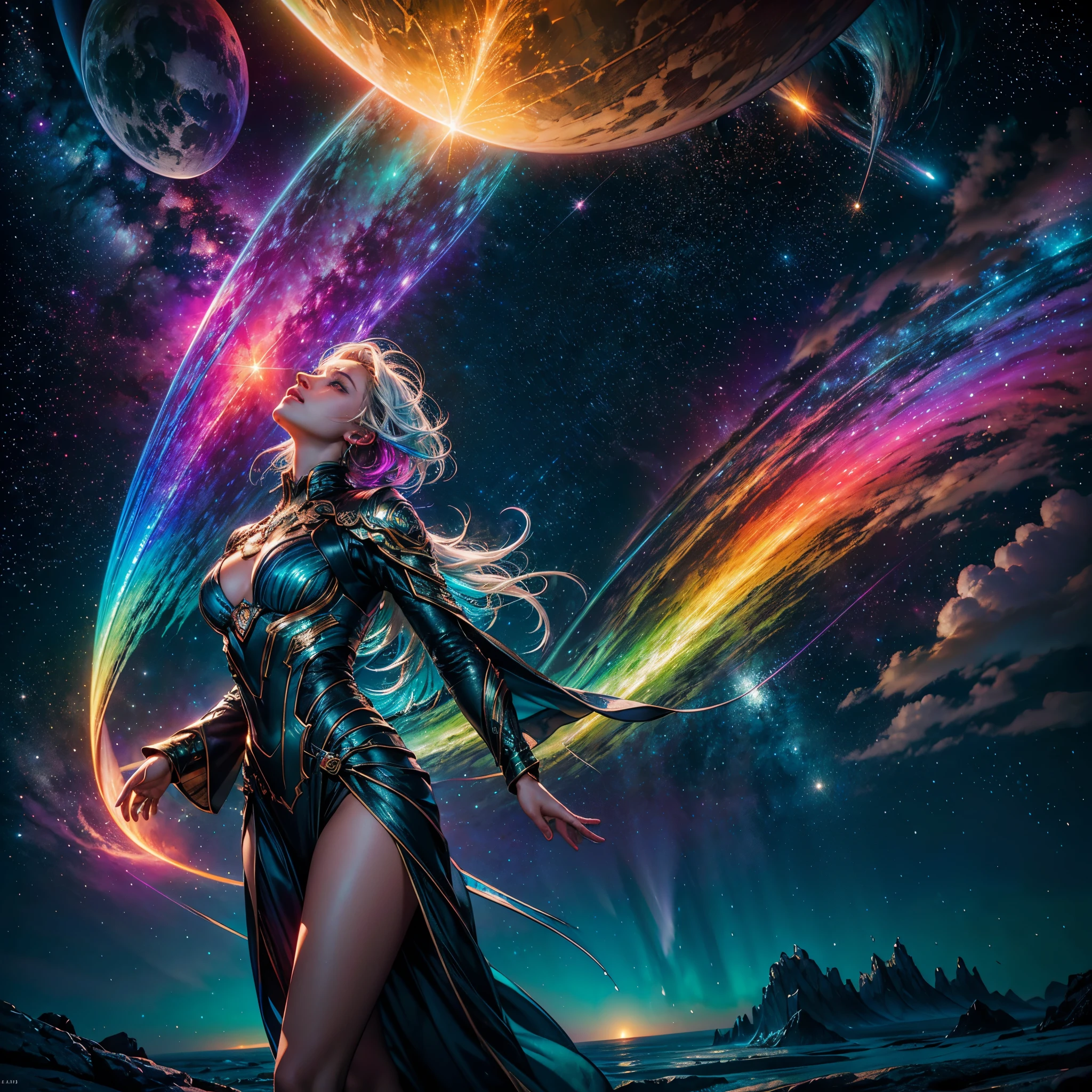 Vibrant Nebulae Octans by_Mappa ((Rain_Color Colorful_liquid_on_naked_body:1.3 Colorful_body Colorful_ink_on_hair:1.2 sunset Rainbow Abundant_colorful_liquids White_liquid fullbodye wet_Color_liquid)) In the vast expanse of the cosmos, a breathtaking image unfolds before your eyes. In the heart of a starry galaxy, vibrant nebula dance and swirl, their ethereal colors blending and intertwining. The scene is a symphony of cosmic beauty, with tendrils of interstellar dust and gas reaching out into the void. The stars shine with an otherworldly brilliance, illuminating the cosmic tapestry that stretches across the vastness of space. It is a visual feast for the senses, an awe-inspiring glimpse into the wonders of the universe. BREAK,Detailed,Realistic, highly detailed digital art,octane render, bioluminescent, BREAK,by Mappa studios,masterpiece,best quality,official art,illustration,ligne claire,(cool_color),perfect composition,absurdres, fantasy,focused,rule of thirds masterpiece meticulously intricate ultra_high-details extreme improved ultra_high-quality ultra_high-res ultra_photo-realistic optimal ultra_sharpness perfection accurate volumetric SunLight Lightning_contrast global_illumination cgi vfx sfx reflex Octane_rendered ultra_high-def UHD XT3 DSLR HDR romm rgb pbr 3dcg fxaa blu-ray vivid colors-coded anti-aliasing fkaa txaa rtx ssao opengl-shaders glsl-shaders post-processing post-production cell-shading tone-mapping ❤luminescence Heart glow hearth Crystalline earth varies multi etc. --s 1000 --c 20 --q 20 --chaos 100