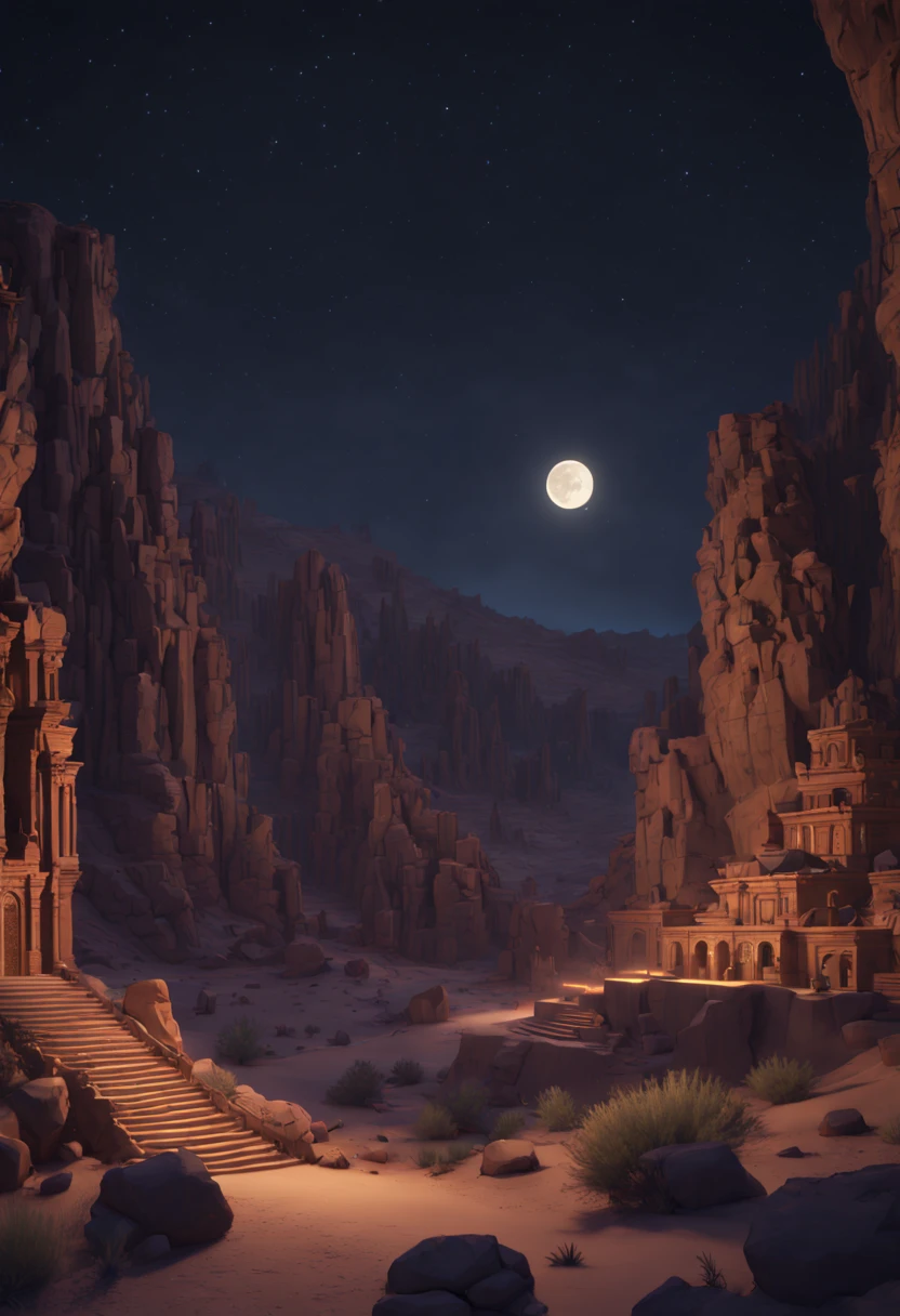 Desert Canyon, night, octane render, intricate, (best quality, masterpiece, Representative work, official art, Professional, unity 8k wallpaper), (by Ivan Bilibin:1.2)