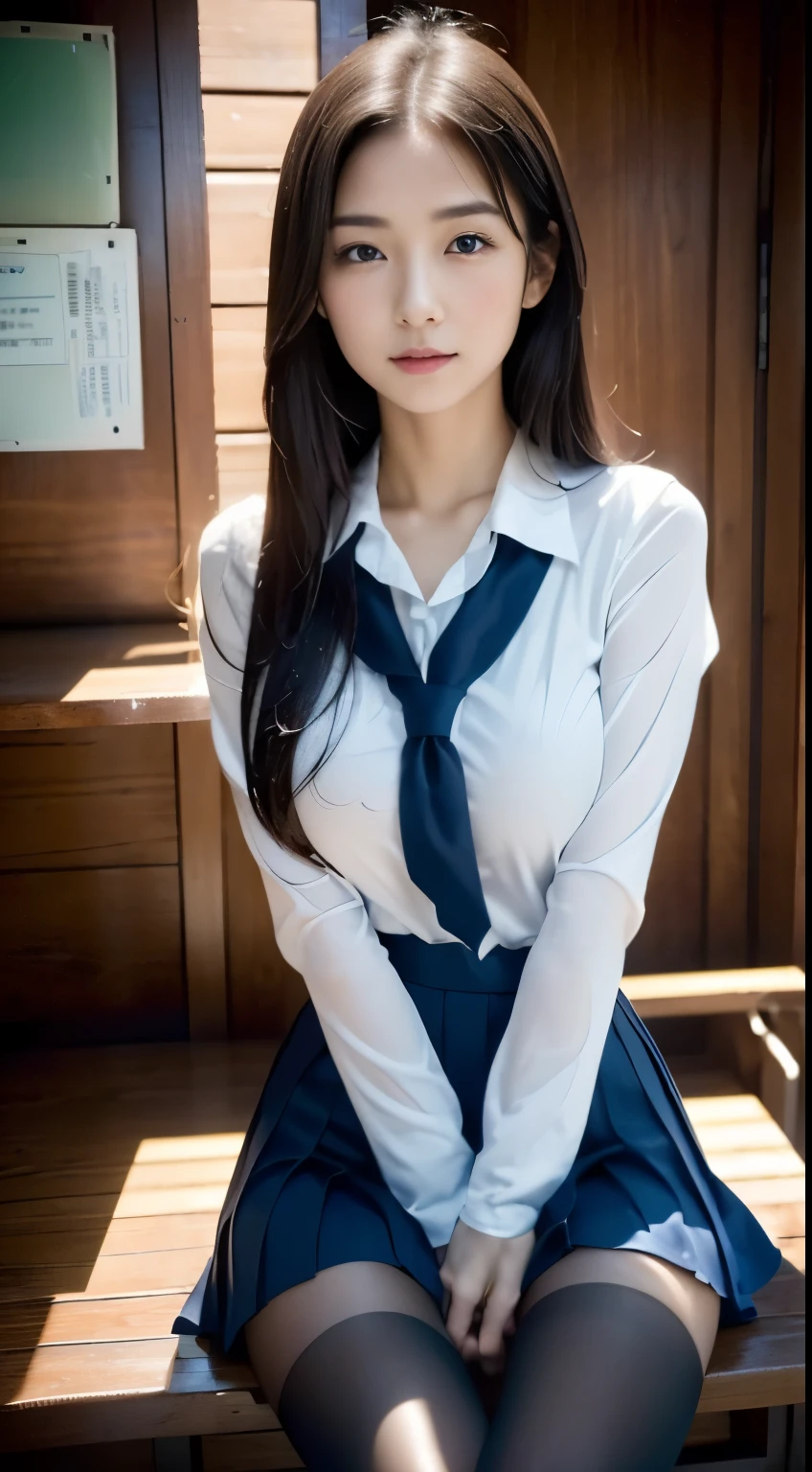 (((32ｋ,high detal,high-detail、​masterpiece,Attention to detail,full body Esbian,独奏))),Raw photo & realistic atmosphere,beautiful dark blue eyes,Detailed mouth,Glossy lips,Detailed eyebrows,Eyes drawn in detail with soft white skin that shines with every detail、azure eyes,Very beautiful eyes,Detailed lips、Very beautiful face,Very well-formed face、Lifelike face,shiny beautiful lips, Realistic Young Gravure Idol, very beautiful school girl, , Young  Gravure Idol, Young Gravure Idol, Beautiful and very cute mature１6  old schoolgirl,the whole body is wet,dripped out,with a flushed face,Incredibly beautiful, Sexy and classy１6-year girl,semi-long brown shiny hair,Hair is wet,Fine water droplets shining on hair,(Looking at the camera：1.4）,（darkness,Very dark,Using the flashlight、Illuminate subjects in a pitch-black classroom with no light：1.7）,（A sexy,Healthy toned body,HDTV JAPAN HDT VISION BLACK HDT VISION BLACK HDTV HDTV BLACK HDTV HDTV BLACK HDTV UNIFORM,well-shaped breasts that are slightly larger,,,Mature body, I'm anxious and about to cry,Moist eyes,cold smile,glareing,The glaring face is also beautiful,High-resolution arm,,high-definition fingers,：1.5）,（The chest of the uniform is sexily open,Wearing black pantyhose、Sexily sit with your legs on,High school girl in elegant black and blue uniform sitting upright、Lifting the skirt in embarrassment：1.8）