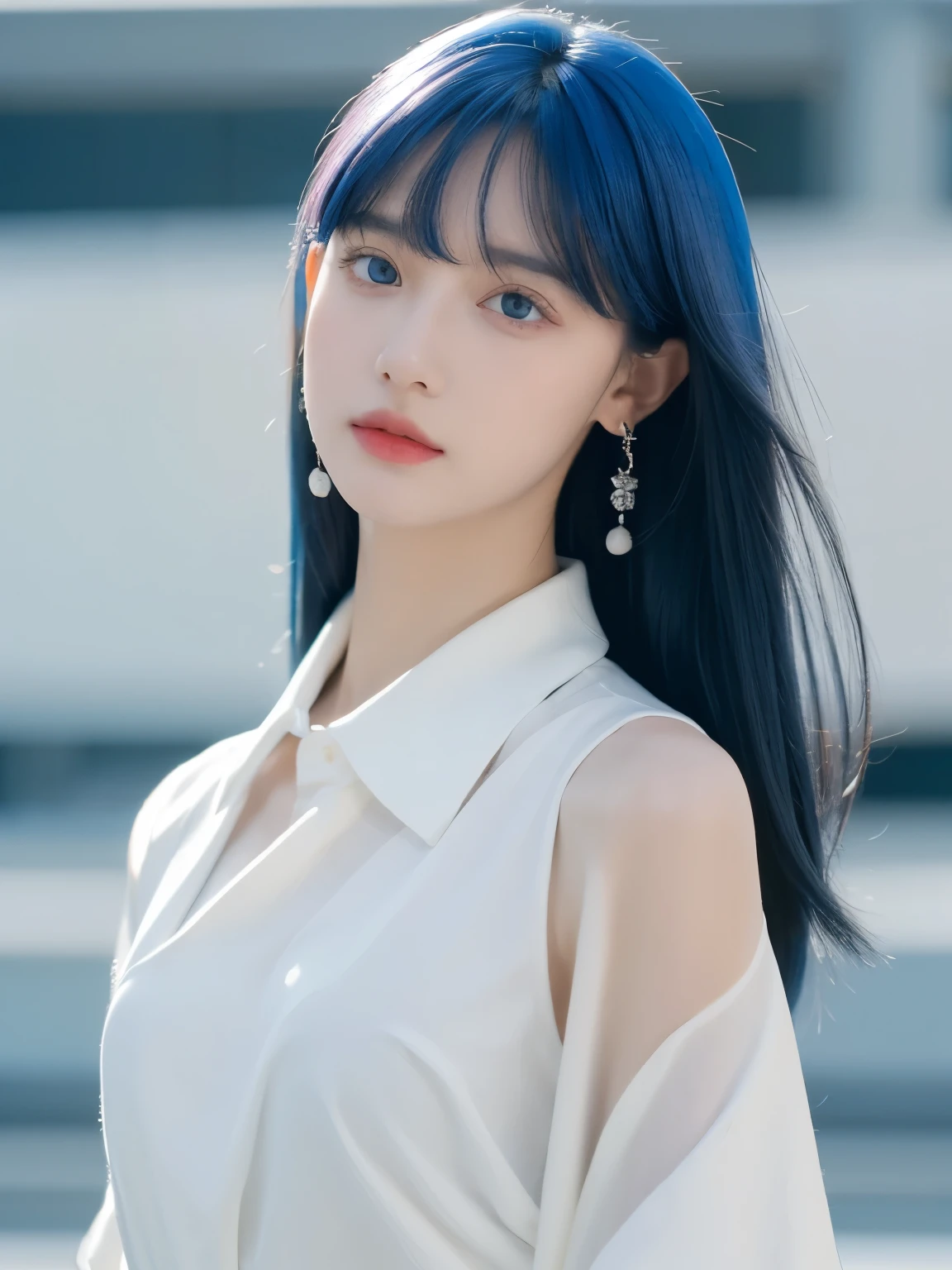 8k wallpaper, masterpiece, movie lighting, best quality, illustration, dramatic angle, ((color: 1.1)), ((color inner hair: 1.4)), 1 girl, alone, long hair, water, blue eyes, Black glasses, collar, open, white collar, liquid hair, black hair, Bangs, from side, side, upper body, background, gray background, shoulder, portrait, looking at the audience, white dress, hair between eyes, White background, earrings,