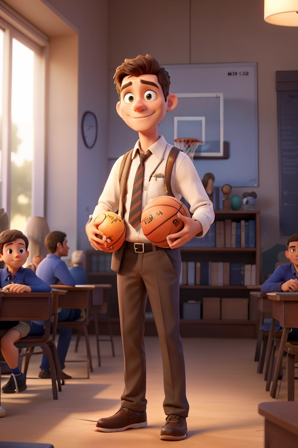 A History teacher, he's brunette, cabelo bem curto, He has a basketball in his hand, uma biblioteca ao fundo, the teacher is standing in front and is being illuminated by light from a lamp