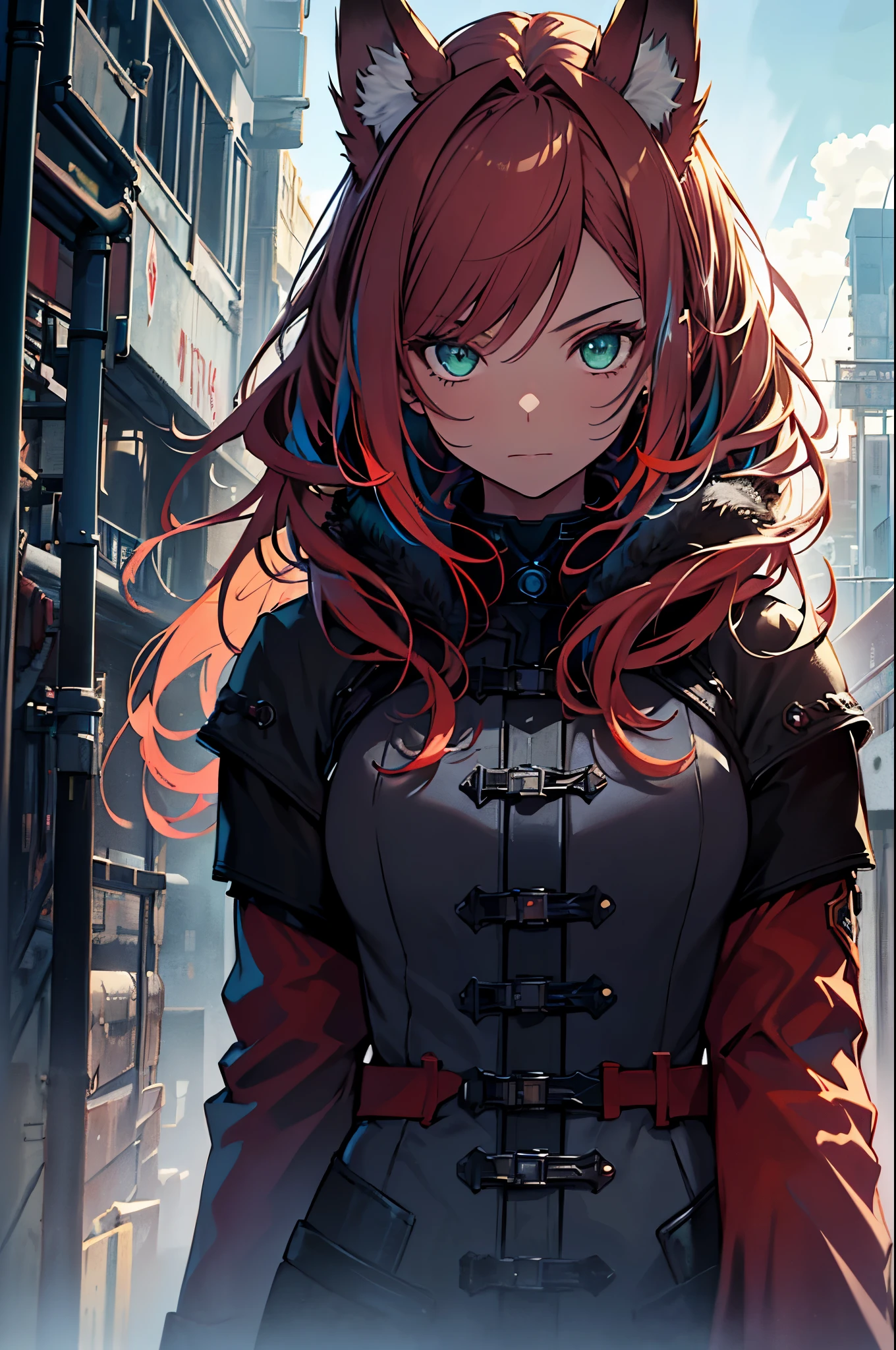 masterpiece, best quality, ((girl)), (colorful),(finely detailed beautiful eyes and detailed face),cinematic lighting,extremely detailed CG unity 8k wallpaper, sky, cloudy_sky, building, (dark theme:1.3), light, fantasy, Fox Ears, red hair and green eyes, ((dgreen overcoat)) Mature Woman, Light Tech Armor