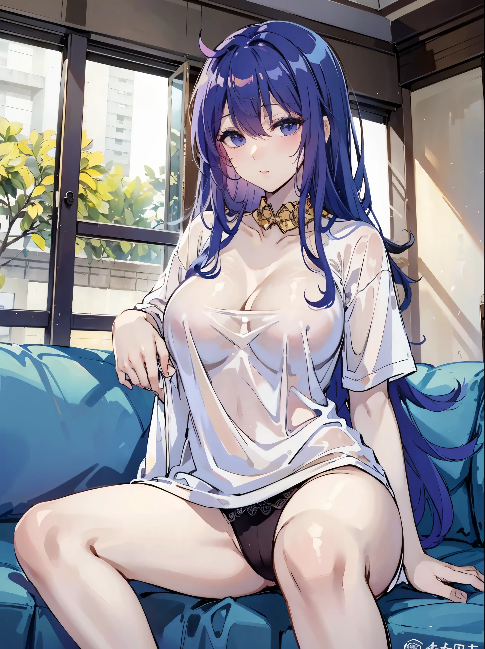 Tang Wutong, big boobs, wearing a oversized shirt and panties, sitting on the sofa