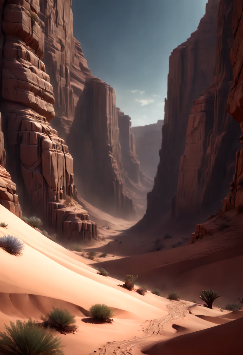 Desert Canyon, octane render, intricate, (best quality, masterpiece, Representative work, official art, Professional, unity 8k wallpaper), (by Thomas Ascott:1.2)