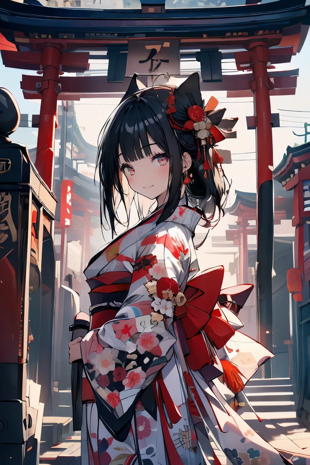 (muste piece), (best quality), very detailed, 1 girl, solo focus,perfect face, cute face, very detailedな顔,(black hair:1.3),(red eyes:1.3),Light,smile,New Year,(kimono:1.4),shrine