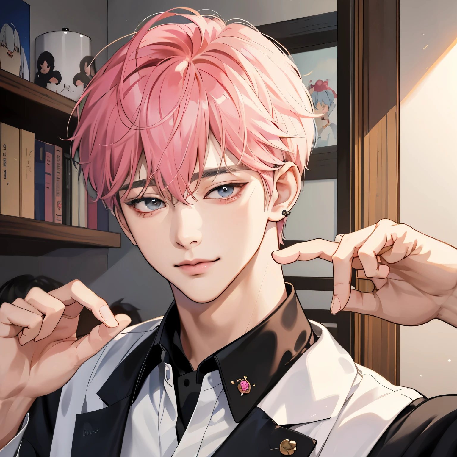 Guviz-style artwork, Made at Anime Painter Studio, anime realismスタイル, realistic anime art style, Drawn at Anime Painter Studio, Inspired by Kim Taehyung, In an anime style, anime handsome guy, Inspired by Kim Taehyung, anime realism、pink hair、A sloppy smile、choker、Multiple piercings、Man with short hair、Male one、Inspired by Kim Taehyung、Inspired by Kim Taehyung、gray eyes、pajamas、morning、toast、Male one、Inspired by Kim Taehyung、man waking up、toastをかじる