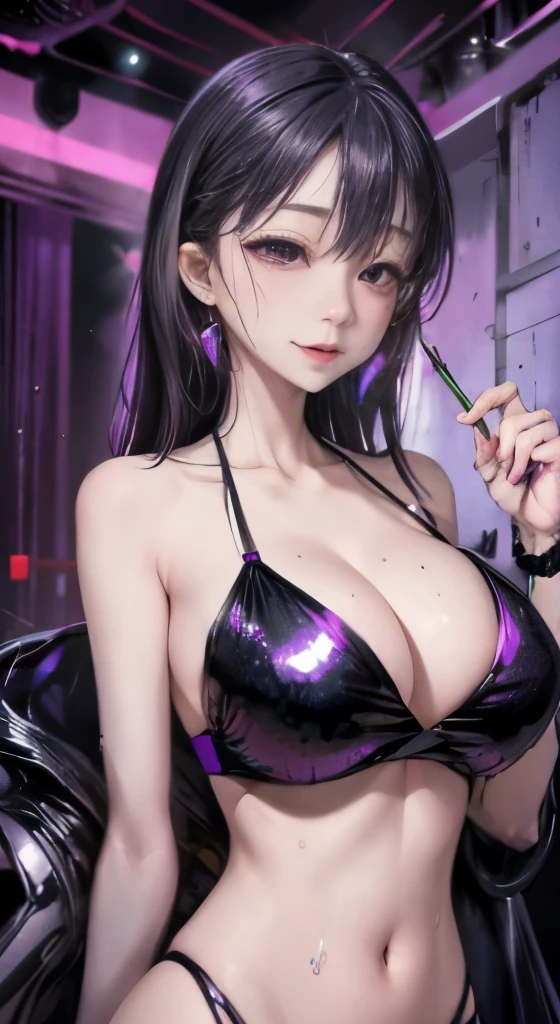 1 girl, smile, wide hips, huge tit, Excellent asset quality, 8K, muste piece: 1.3), clear focus: 1.2, perfect body beauty: 1.4, thin abs: 1.2, Highly detailed face and skin texture, fine eyes, double eyelid、long black wet hair), (wet body :1.Purple high waist bikini with sequins :1.3), inside the pool, (At night), neon lights、Yui Asian 、(((black hair color、earrings、ear cuff))), (((panting face、orgasm、ahe face、Open your mouth, stick out your tongue and drool)))、thin waist、big and beautiful legs、