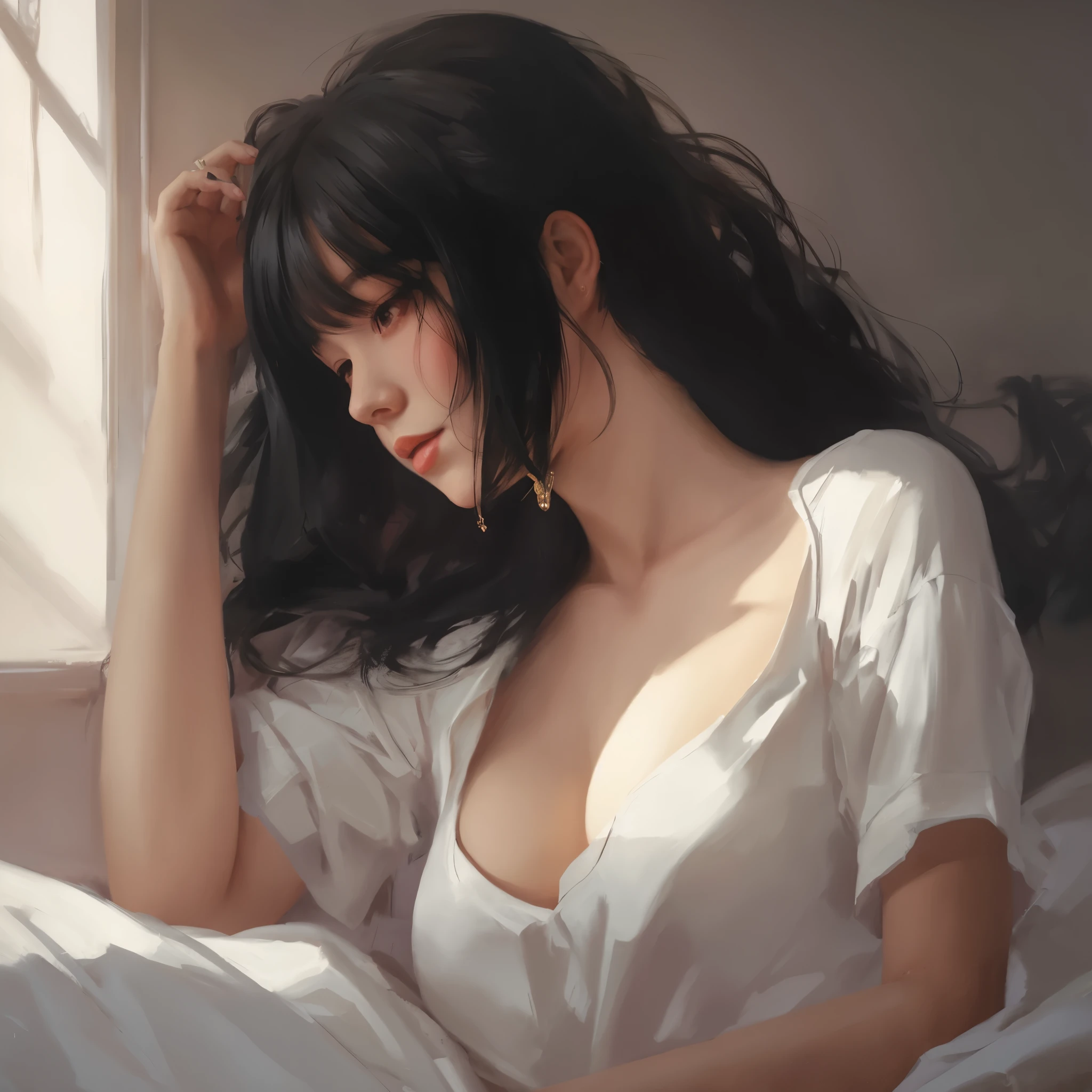 painting of a woman in a white dress laying on a bed, Gurwitz Masterpiece, by Yanjun Cheng, guweiz, james gurney painting style,  painting, Ilya Kuvshinov with long hair, Sakimichan Frank Franzetta, guweiz style artwork, Art style : Ilya Kuvshinov