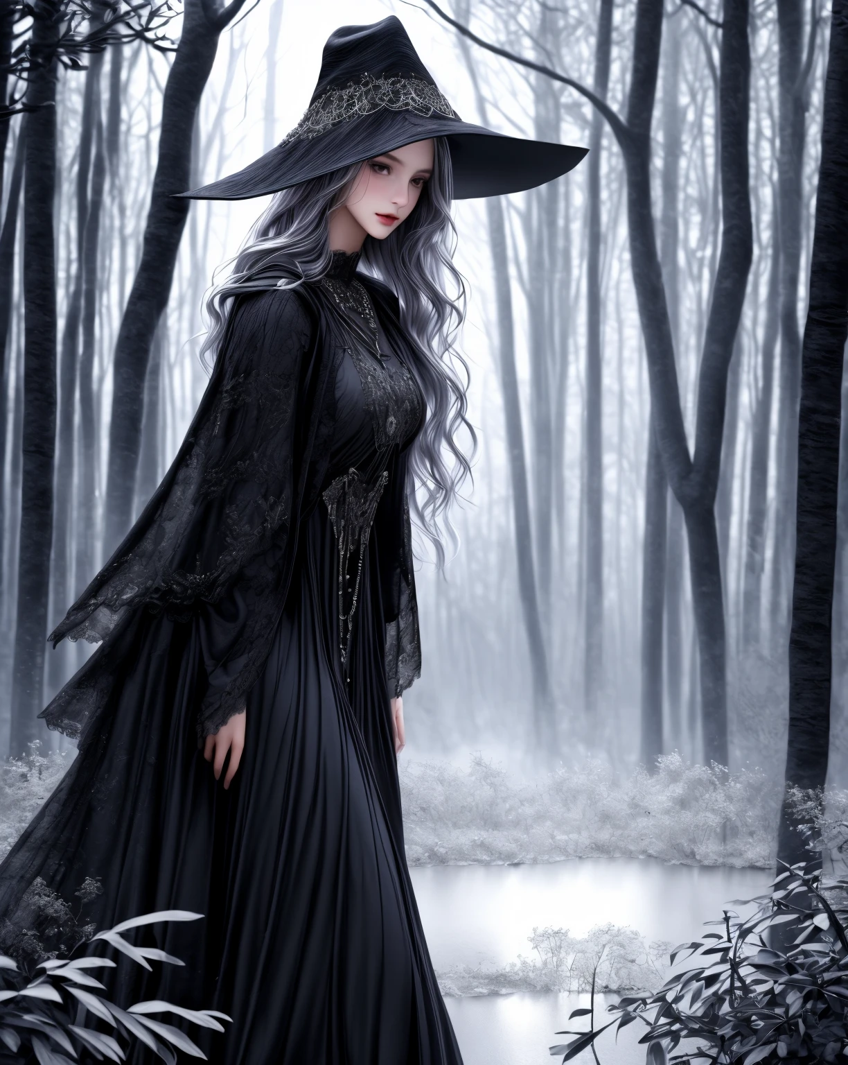 tall mysterious girl,wide brimmed hat,lace minidress,black cloak,(best quality,4k,8k,highres,masterpiece:1.2),ultra-detailed,(realistic,photorealistic,photo-realistic:1.37),intricate patterns,moonlit night,silver necklace,enchanted forest,dreamy atmosphere,soft glow,vivid colors